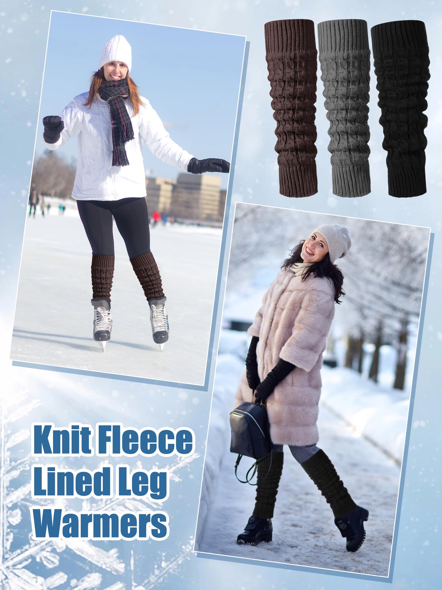 Chuarry 3 Pairs Winter Fleece Lined Leg Warmer for Women Skating Leg Warmer Long Boot Socks for Women Skating Every Day Wear: Brown, Black, Dark Gray 8 Figure Knit Pattern