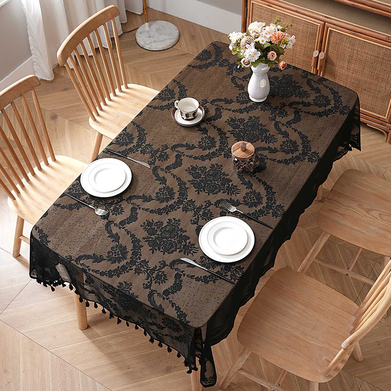 auons Black Floral Lace Tablecloth Rectangular French Flower Embroidered Table Cloths with Tassels for Dining Wedding Reception Party Festival Tabletop Decor, 55x71 inch