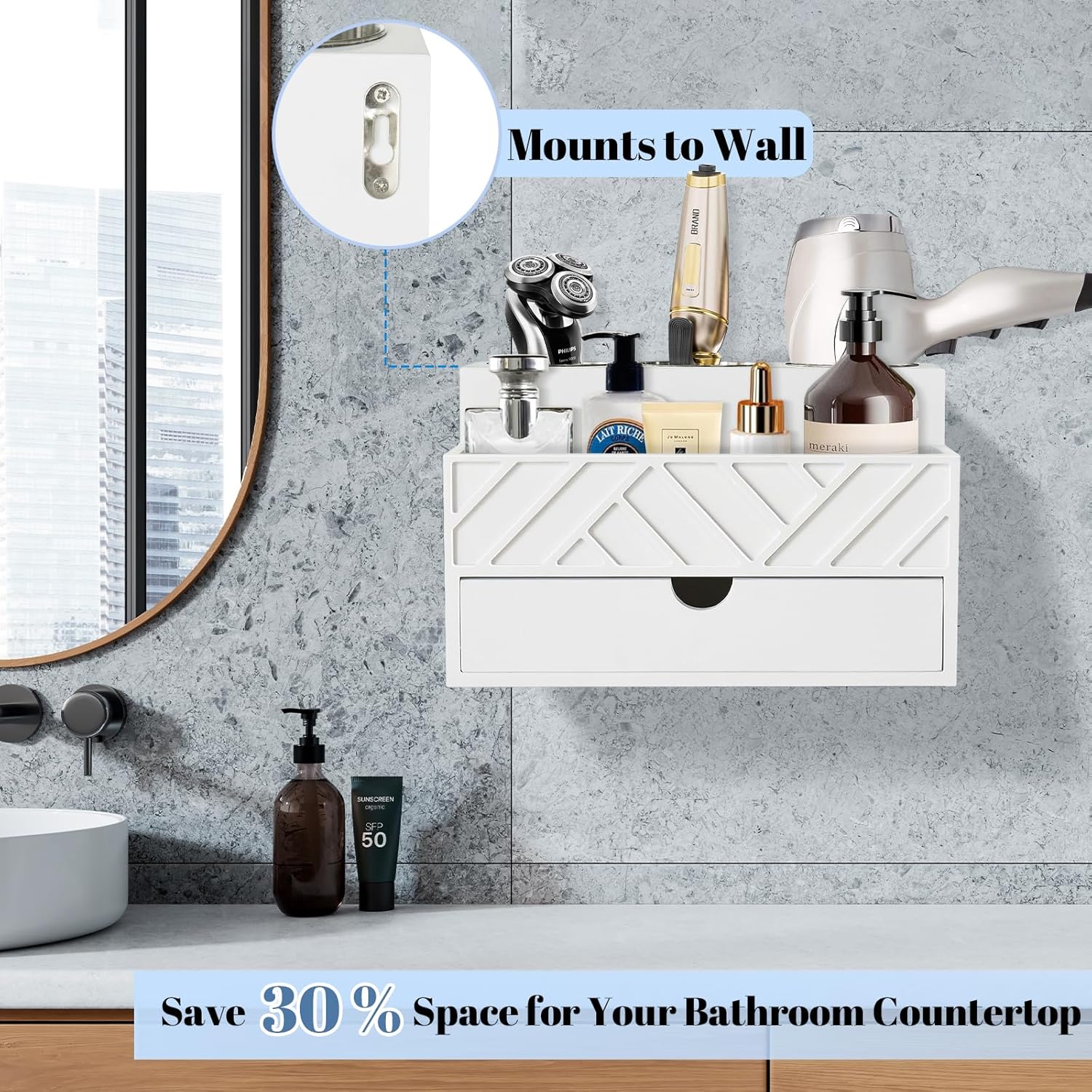 Hair Tool Organizer, Hair Dryer Holder with Drawer, Bathroom Countertop Organizer for Bathroom Accessories, Blow Dryer Organizer for Hair Styling Tools, Vanity Organizer for Bathroom, Vanity, Kitchen