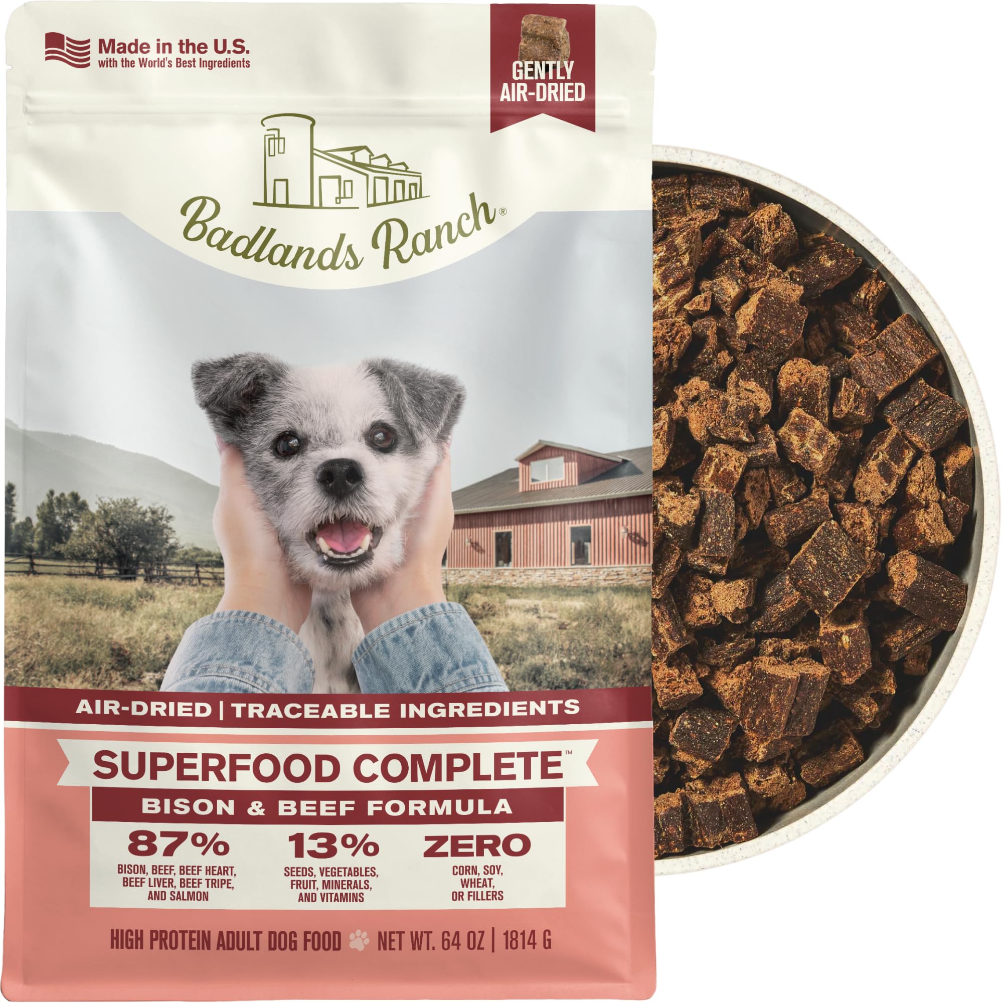 BADLANDS RANCH Air-Dried Beef &amp; Bison Dog Food, 87% Meat, 64 oz