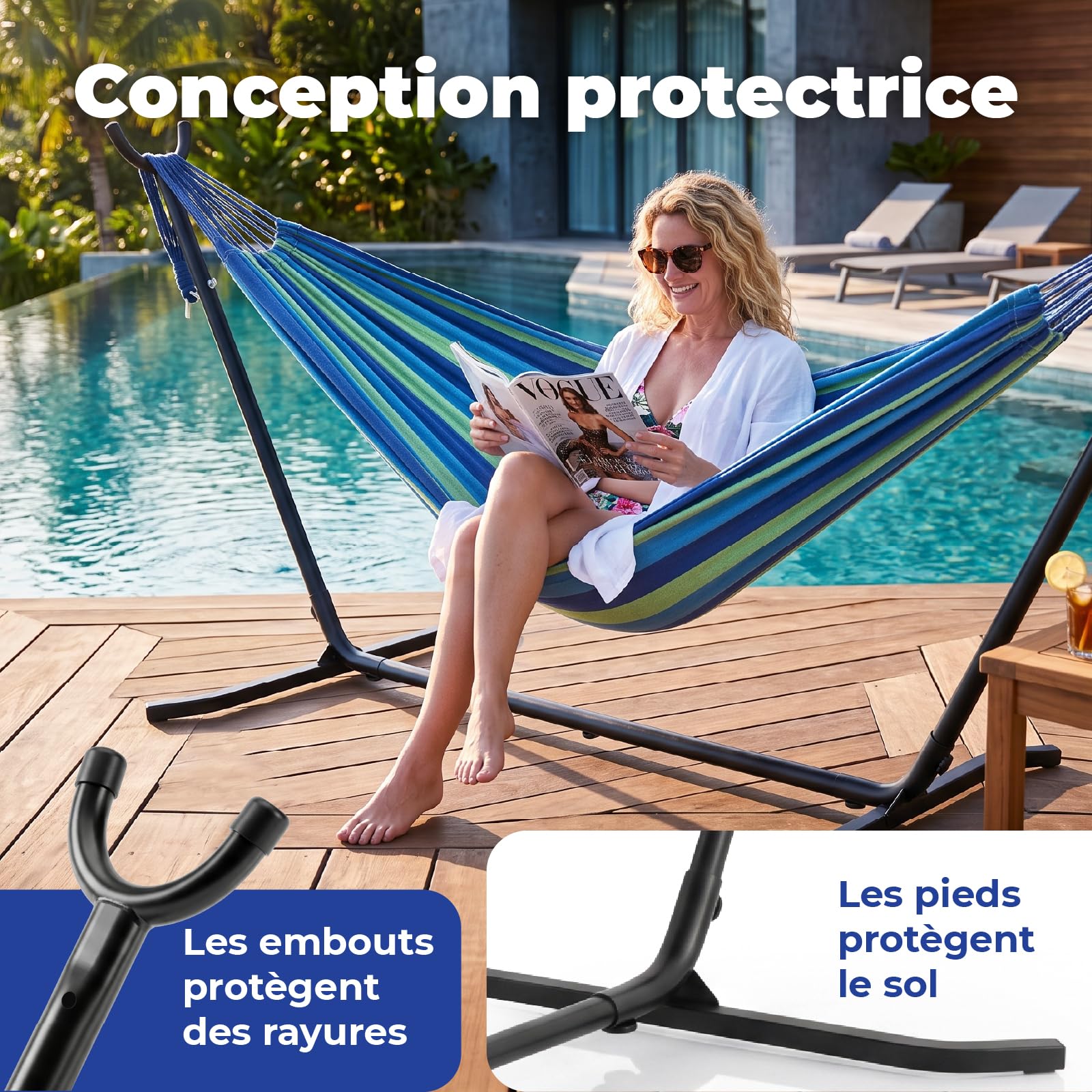Support hamac Exterieur, Base en Tubes carrés améliorée pour Une stabilité Accrue, Hauteur réglable Il Existe 6 Niveaux de Hauteur réglables, 260L x 97B x 109H cm