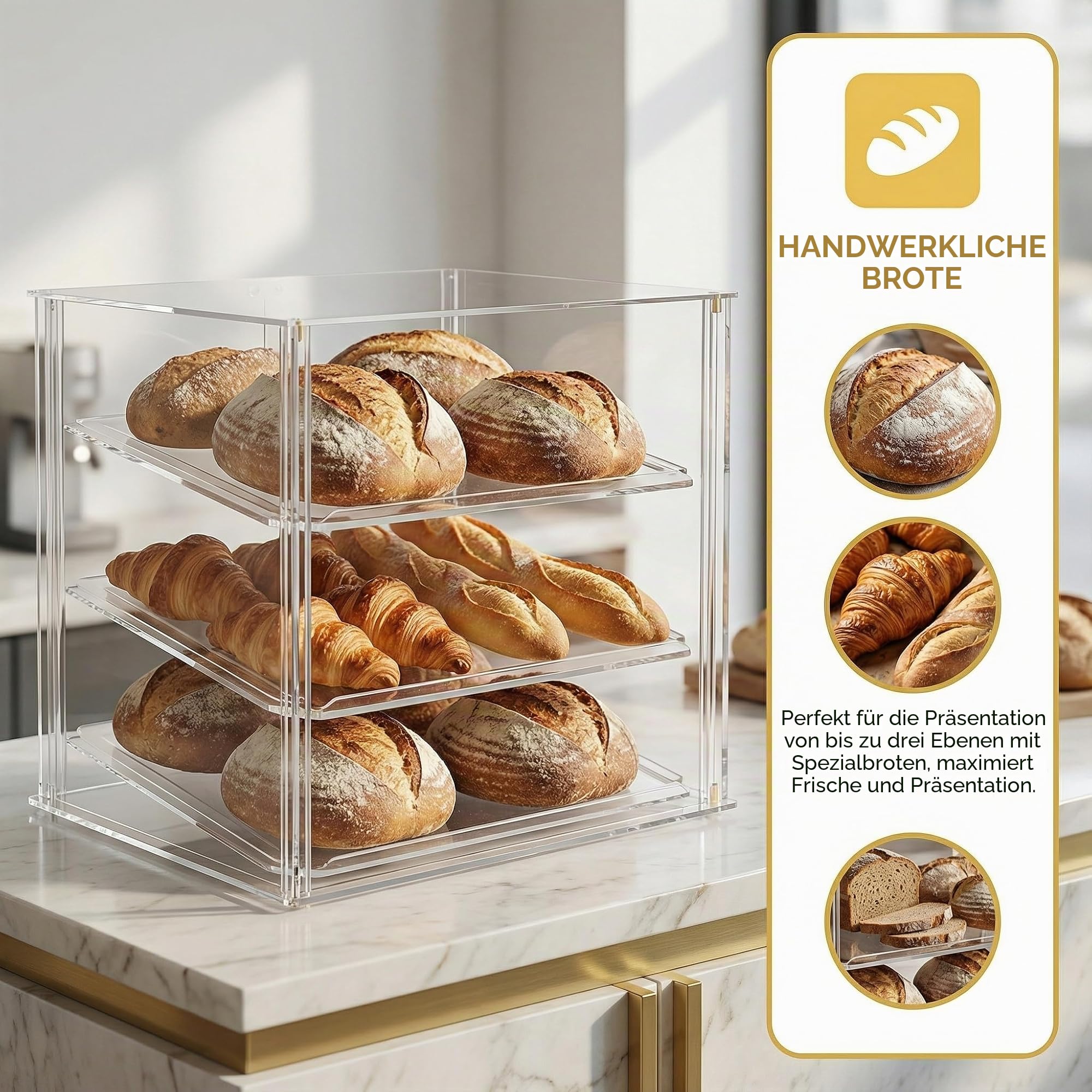 Bäckerei-Vitrine mit 3 Ablagen und magnetischen Hintertüren, 52,8 x 40,1 x 42,9 cm, Acryl-Gebäckvitrine mit abnehmbaren Tabletts und Stahlzange, Lebensmittelvitrine für Donut-Brotkuchen