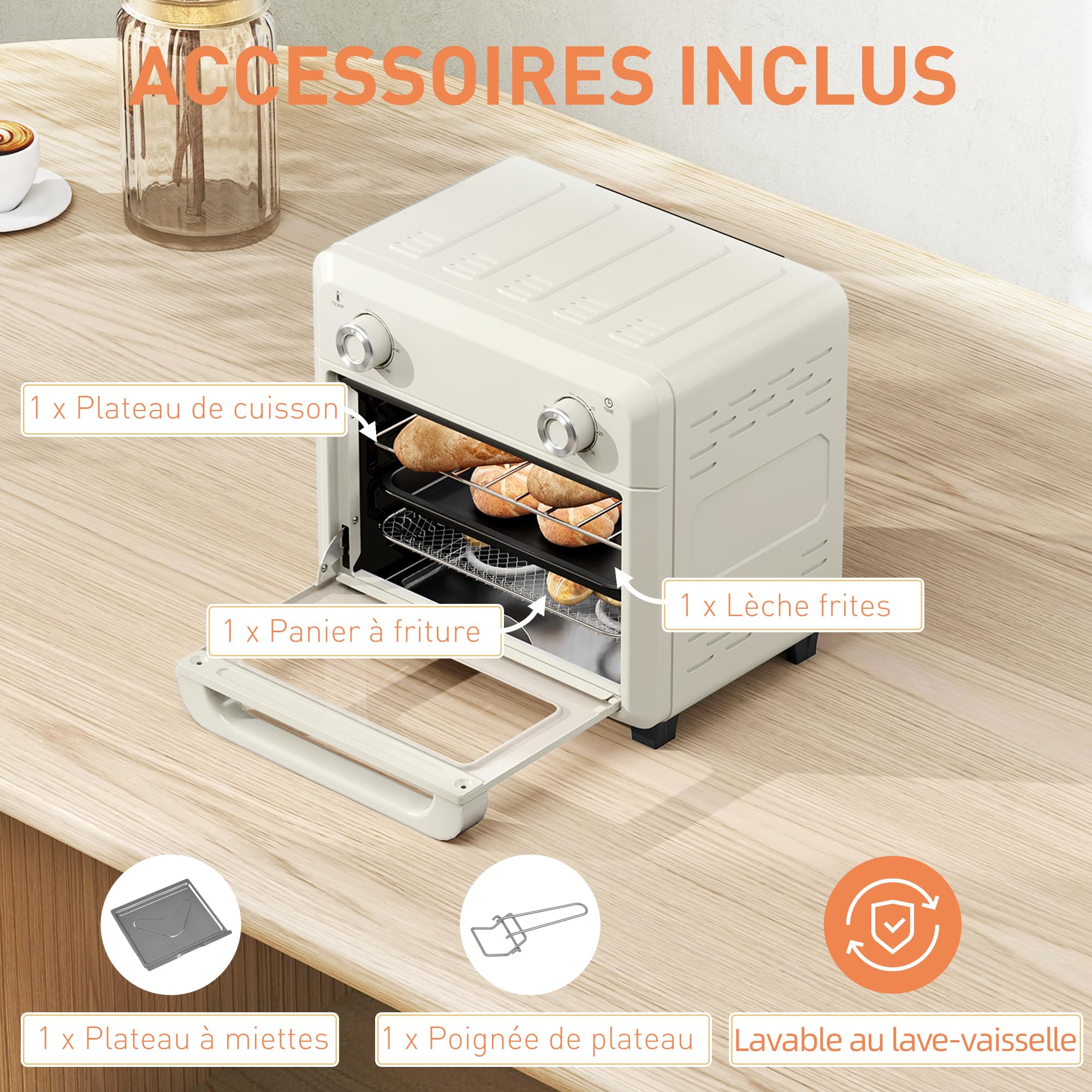 HOMCOM Mini four à air chaud 10L, four à chaleur tournante 1000W friteuse sans huile minuterie 60 min avec température réglable 80°C-230°C, plaque & grille de cuisson inclus, crème