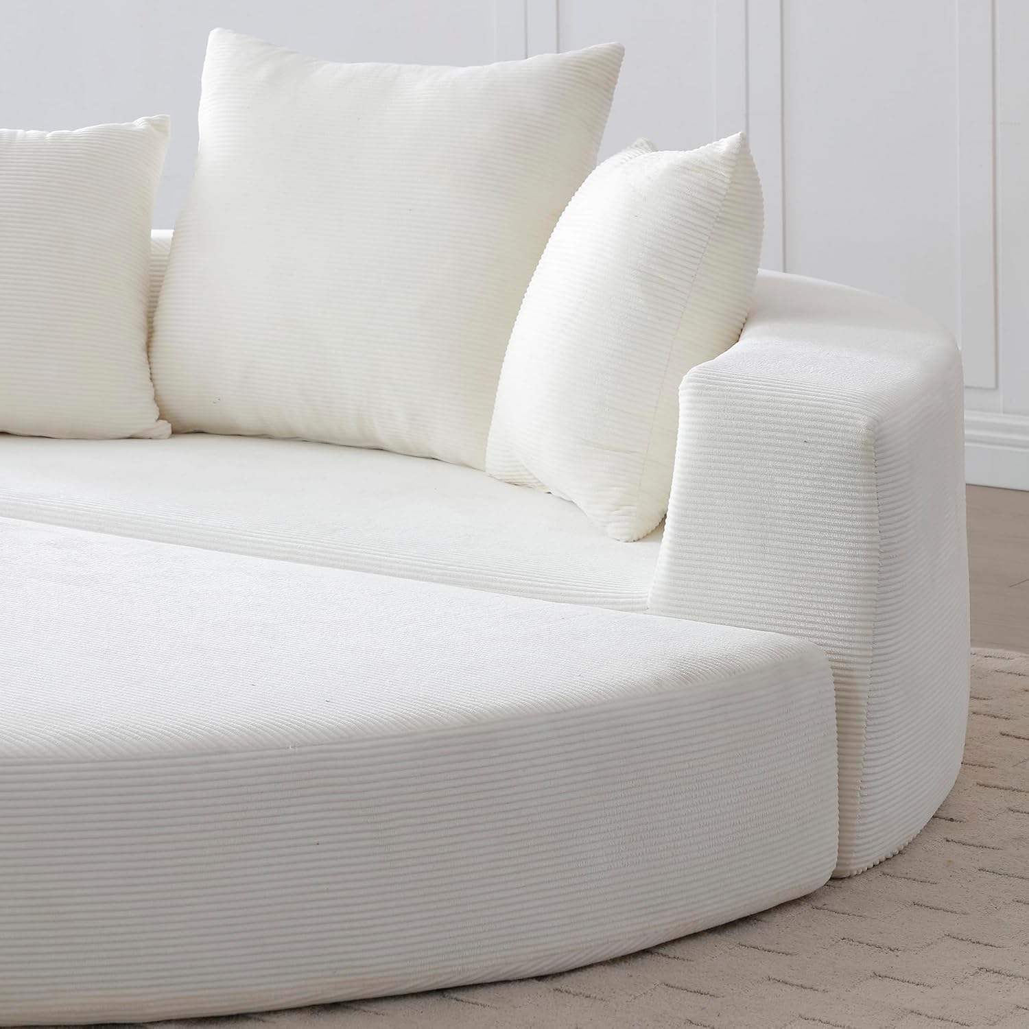 Modern Round Sofa Bed, Adjustable Multi-Functional Futon Lounger, Plush Corduroy Floor Couch for Small Space, No-Tools Assembly, Compact for Apartment & Office (Beige)