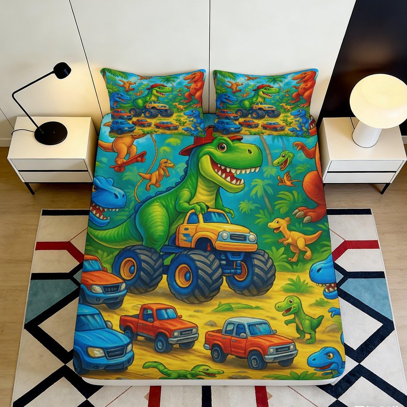 3D Printed Dinosaur Monster Truck Fitted Sheet Microfiber Colourful Bed Cover for Bedroom Guest Room Decor 90x200x25cm
