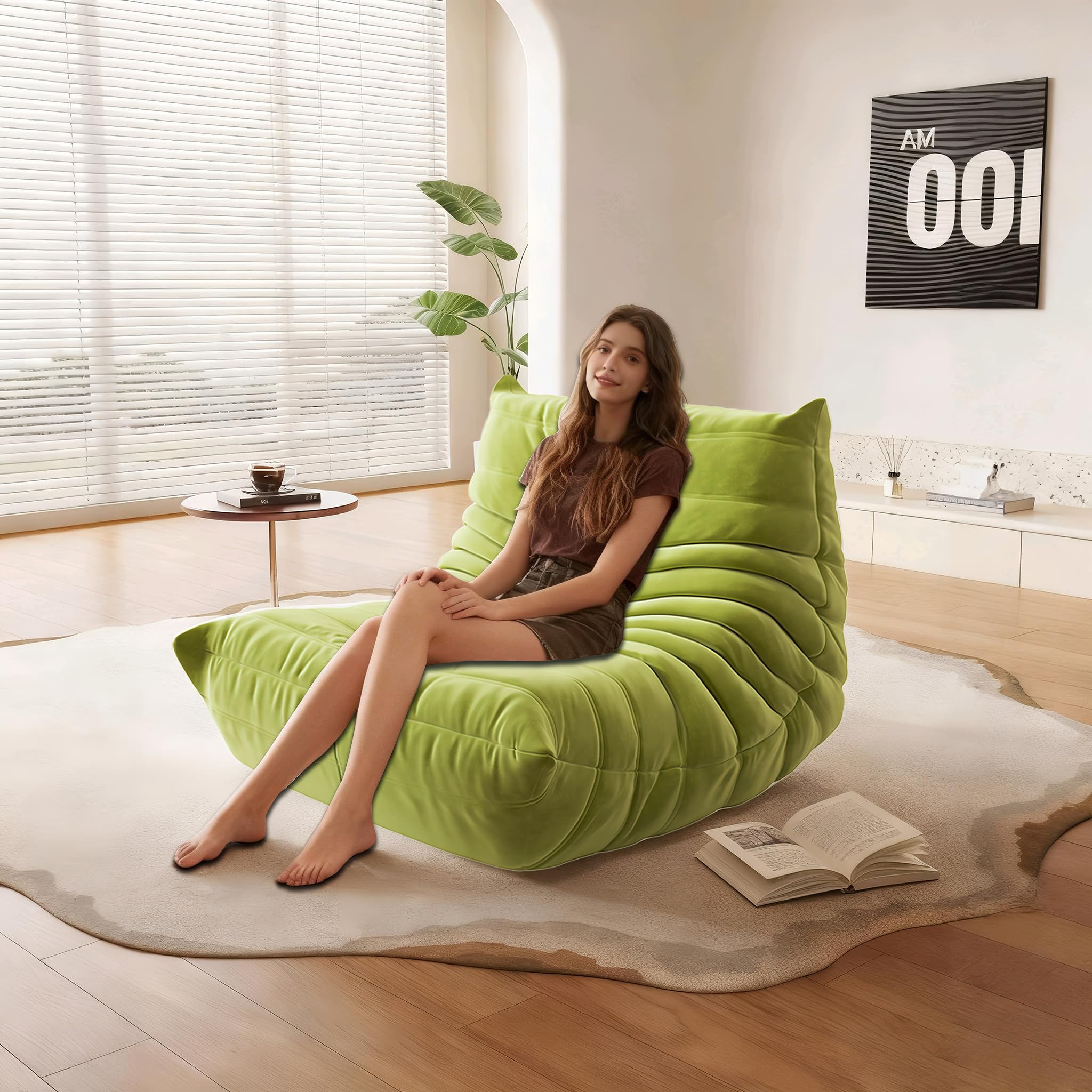 Adult Bean Bag Chair Memory Sponge Bean Bag Chair, Bean Bag Sofa with Filler, Artificial Fur Stove Bean Bag LazySofa Living Room Bedroom Office (White Plush, Single) (Green)