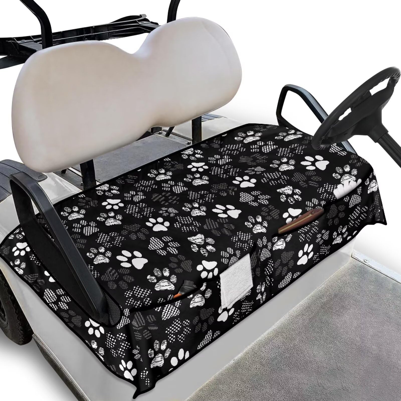 Biyejit Dog Paw Golf Cart Seat Covers with 2 Pockets Portable Golf Buggy Seat Protecter EZGO Golf Cart Seat Cover for Club Car Travel Sports Shown Stay Cool