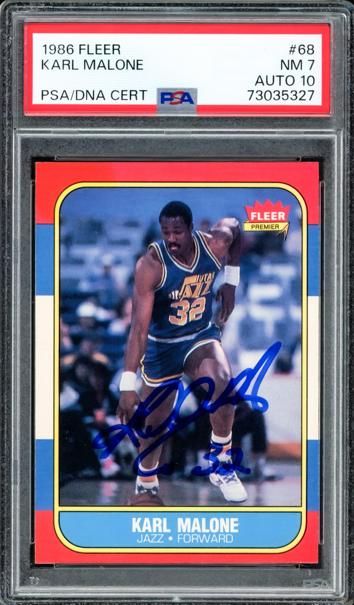 Karl Malone Autographed 1986 Fleer Rookie Card #68 PSA 7 Auto