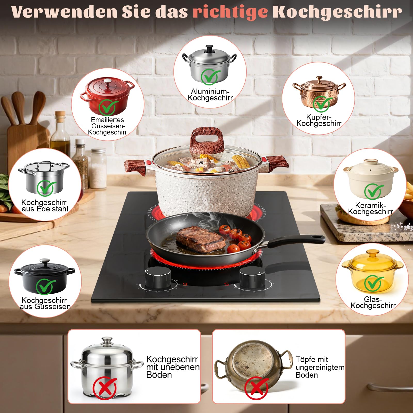 Glaskeramik-Kochfeld, 2 Zonen, Einbau-Elektroherd, 30cm, 3000W, 220-240V | Mit Drehreglern, 2 Platten, 9 Leistungsstufen, Restwärme-Erinnerung