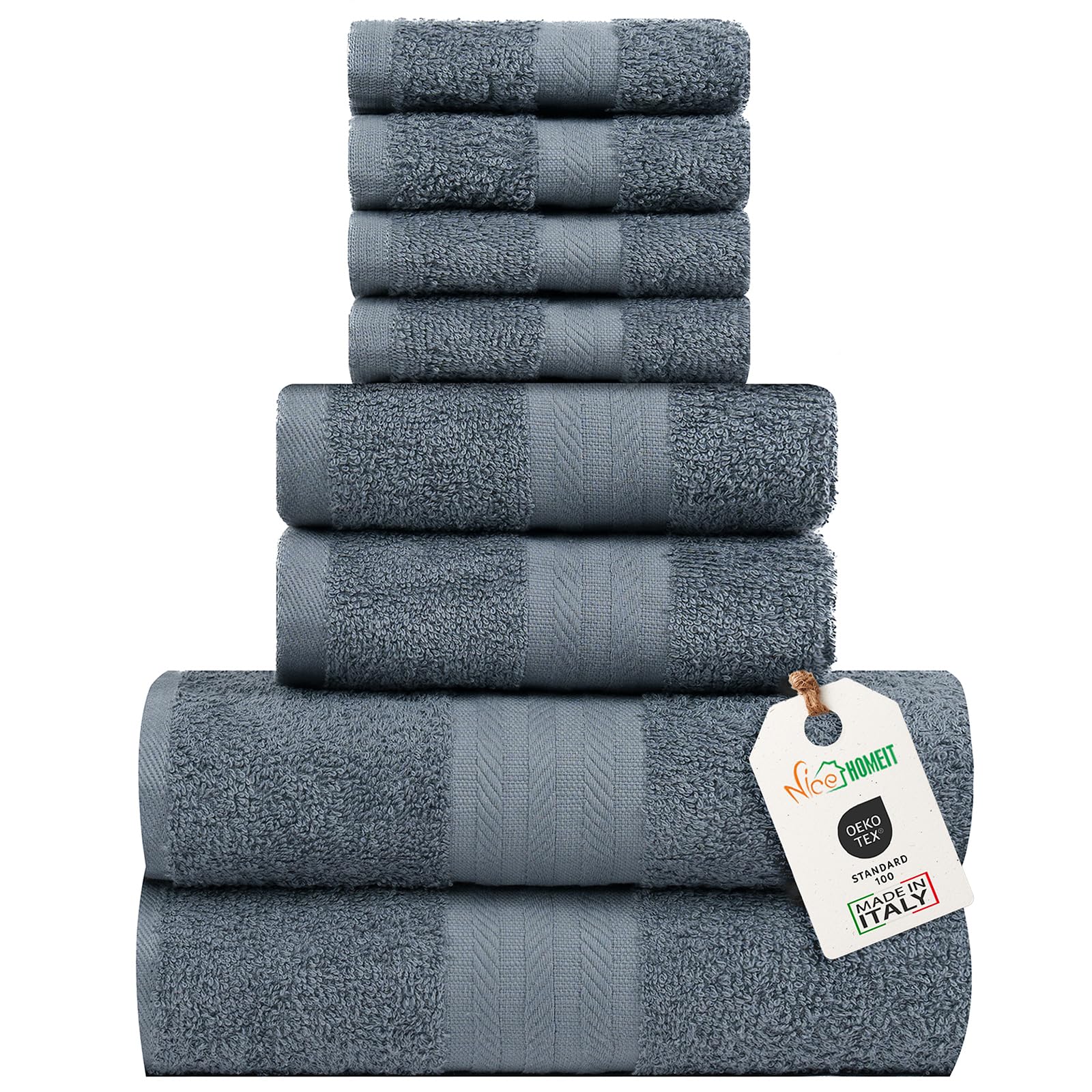 nice homeit Set Asciugamani Medie, in Cotone 100%, 8 Pezzi Asciugamani, Made in Italy. Extra Morbido Assorbente. 2 Asciugamani + 2 Asciugamani Ospite + 4 Lavette (Grigio scuro)