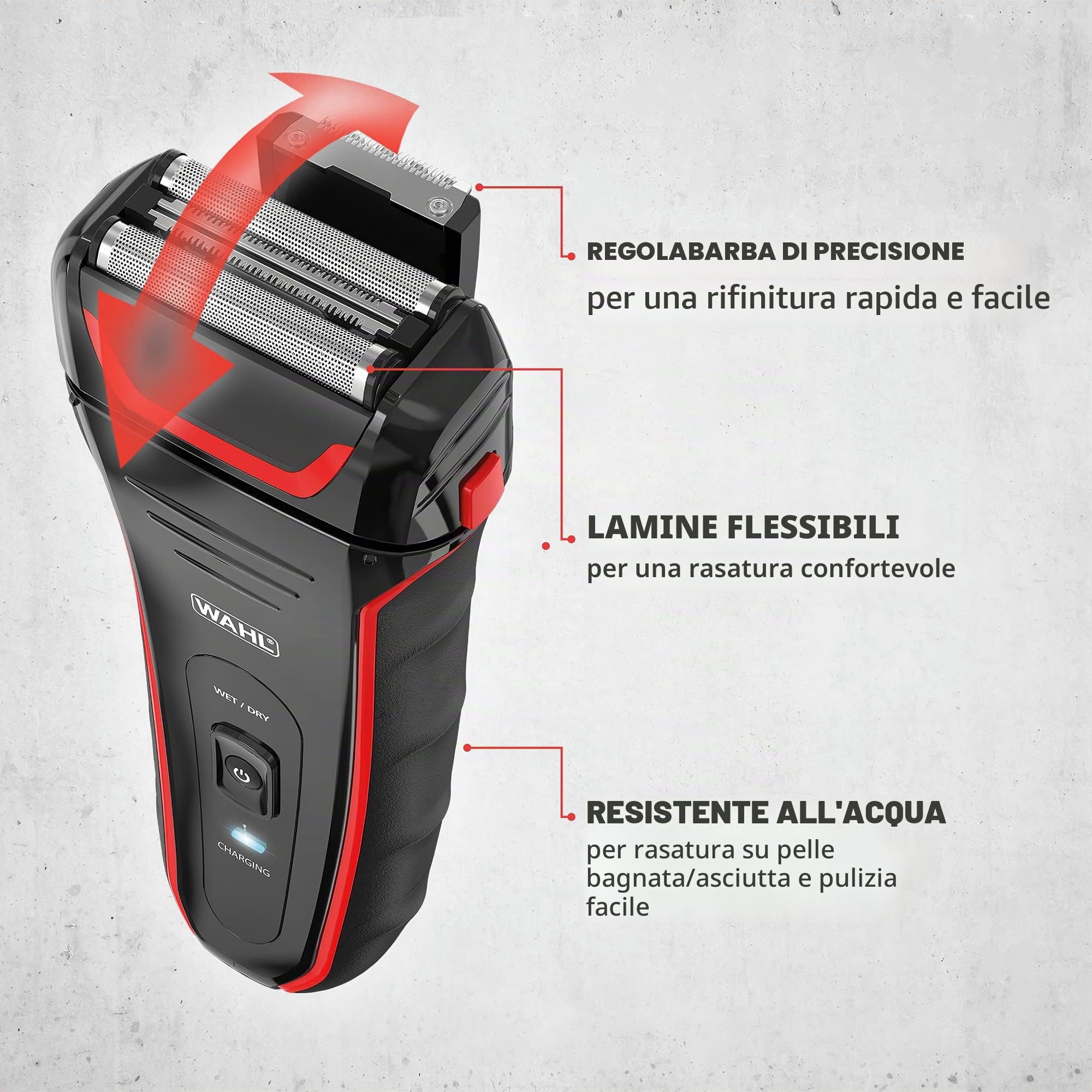 Wahl Clean and Close Plus, rasoio elettrico da uomo, rasoio elettrico da uomo, rasatura per barba, rasoio viso, lamina flessibile, trimmer di precisione, completamente impermeabile, facile da pulire,