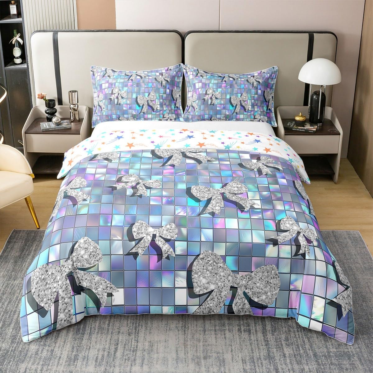 Homewish Diamentowa kokarda king zestawy pościeli kokarda bawełniana poszewka na kołdrę tęczowa opalizująca kratka 3D muszka poszewka na kołdrę błyszcząca księżniczka dziewczęcy motyw pościel zestaw