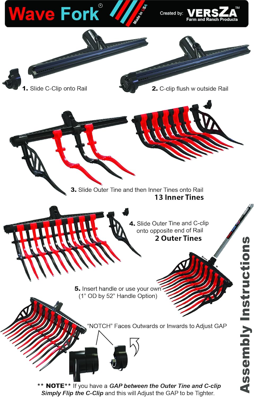 Wave Fork Farm & Ranch| Manure Fork Replacement Head| Durable TINES That Don't Break ! (Color HOT Pink Black)