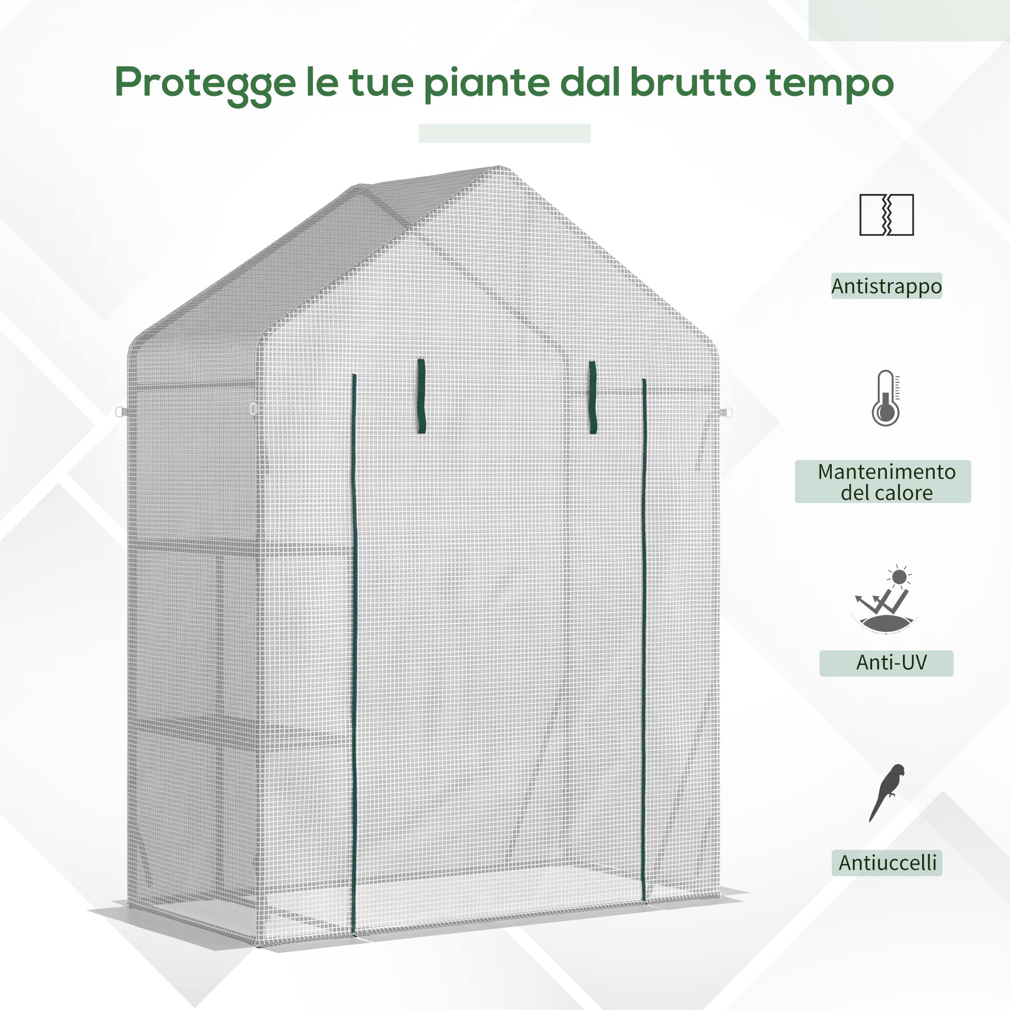 Outsunny Serra da Giardino in Acciaio e Copertura PE, Serra per Piante con 2 Scaffali e Porta Avvolgibile, 143x73x195cm, Bianco