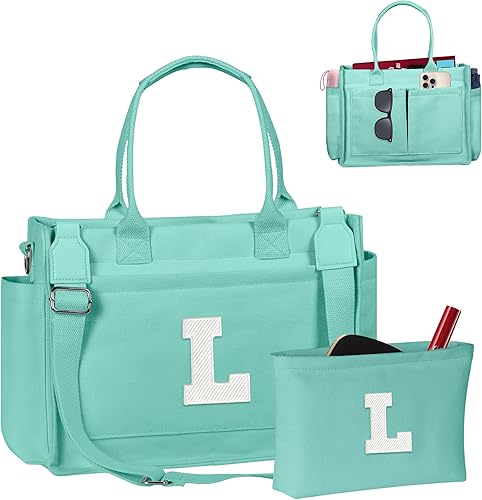 Miniatura 148 de Easter Basket Stuffers, Initial Tote Bag with Makeup Bag, Birthday Gifts for Women, Teen Girl Gifts Trendy Stuff Beige,Negro