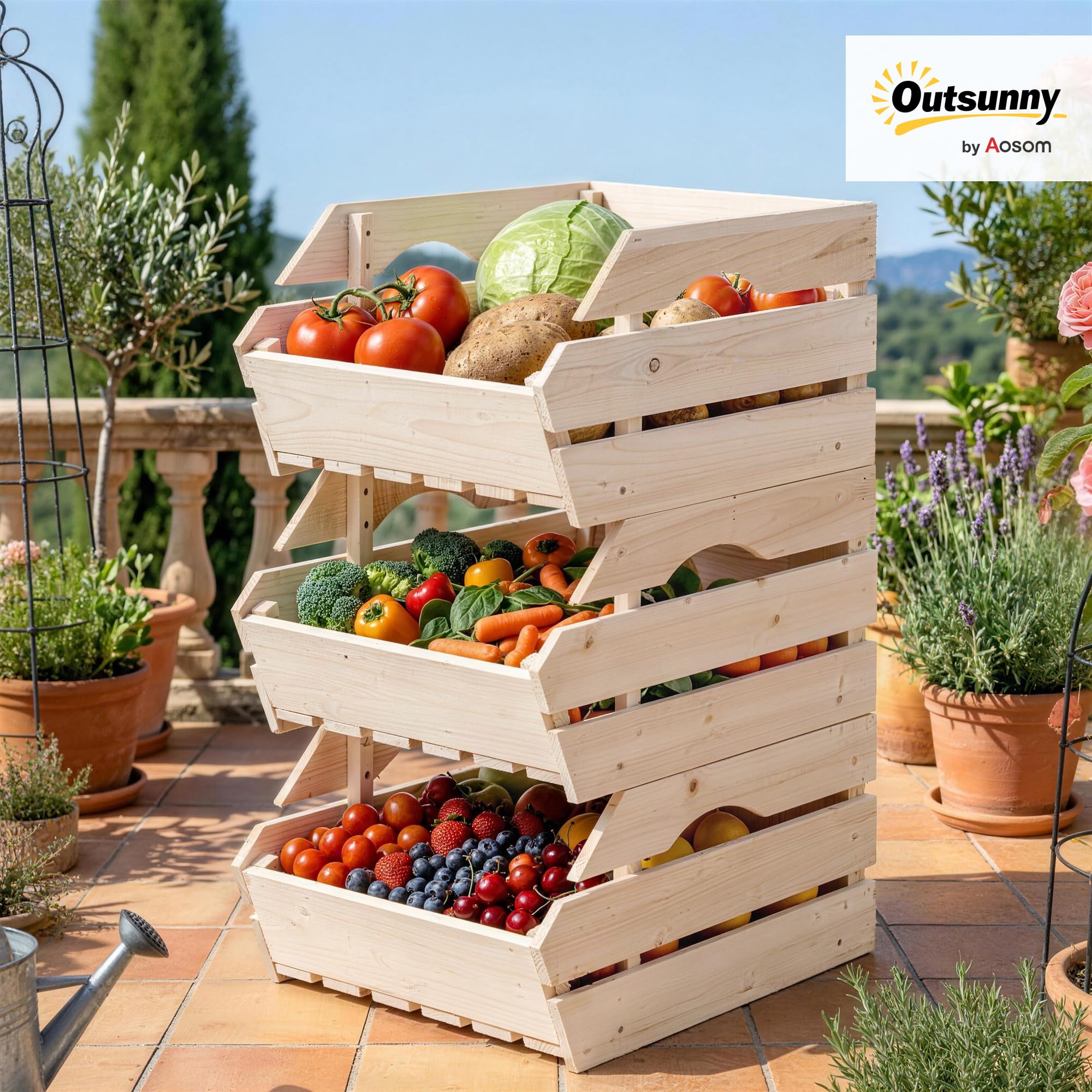 Outsunny Support de Corbeille à Fruits en Bois de Sapin à 3 Niveaux Amovibles, Panier de Rangement pour Légumes Facile à Déplacer, 27x37,5x60cm, Naturel