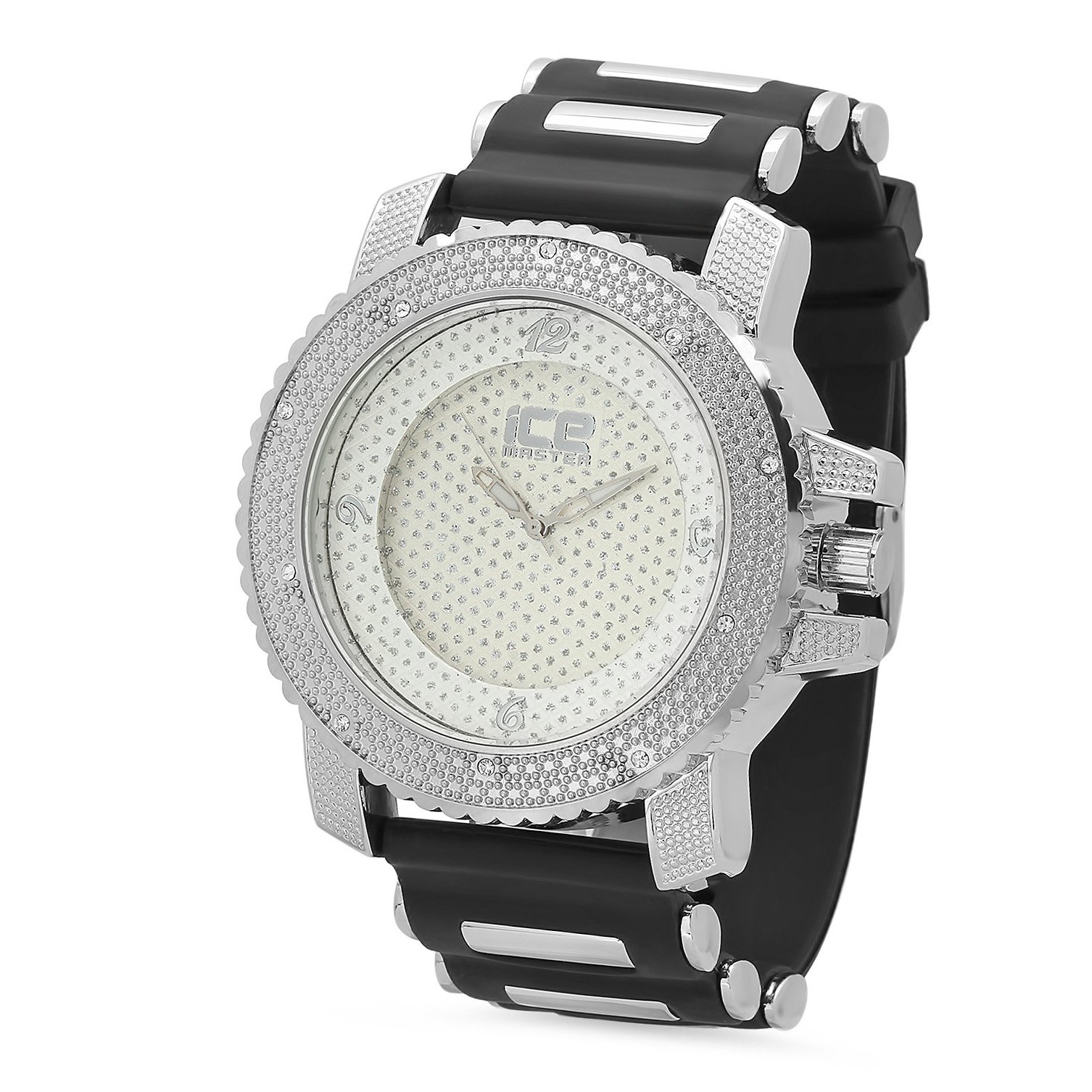 Rodium Plated Ice Master White Dial Watch w/CZ Bezel & Black Band + Microfiber Jewelry Polishing Cloth