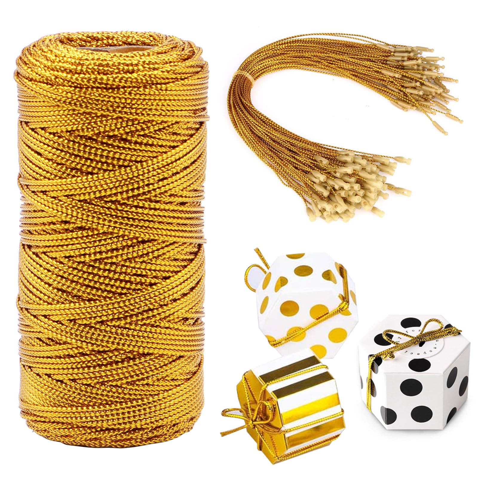 SPOKKI 100M Gold Thread (1.5mm), 20Pcs Nylon String for Hang Tags (20cm), Metallic Embroidery Thread, Gold Ribbon for Gift Wrapping, for Crafting, Gift Wrapping, Christmas Decorations (Gold)