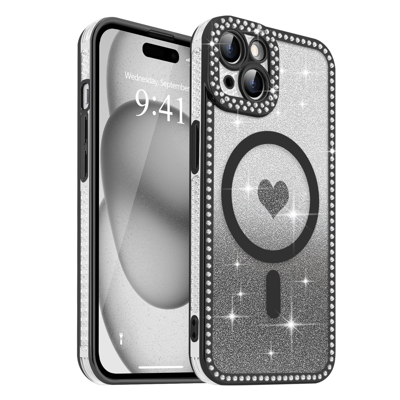 Urarssa Magnetische Hülle für iPhone 15 Transparente Glitter Telefon Bling Glitzer Antichoc Etui Silikon Ultra Dünne Leichte für iPhone 15 Schwarz