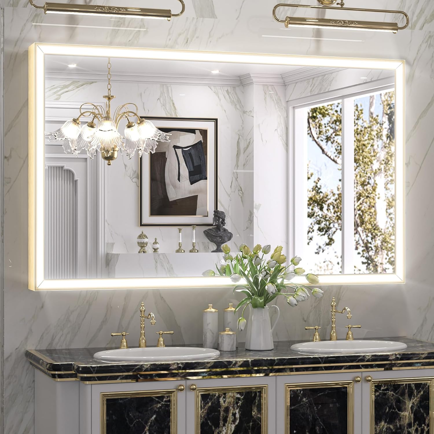 Keonjinn Gold LED Bathroom Mirror 60” x 36” with Frontlit