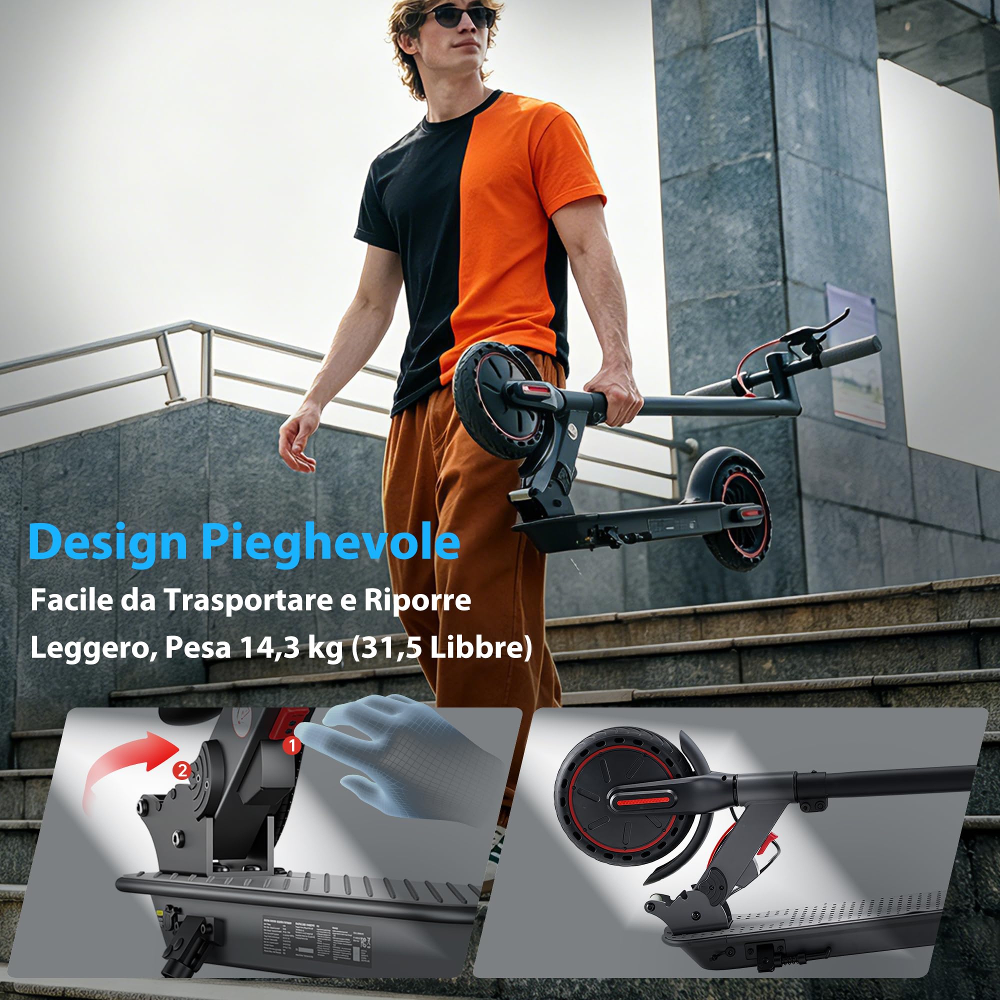 W3C Monopattino Elettrico Adulto, Pieghevole Scooter Elettrico, Velocità Fino a 25 Km/h, 25-35Km di Autonomia, Motore da 500W, 8.5" Pollici a Nido D'ape Resistente All'usura