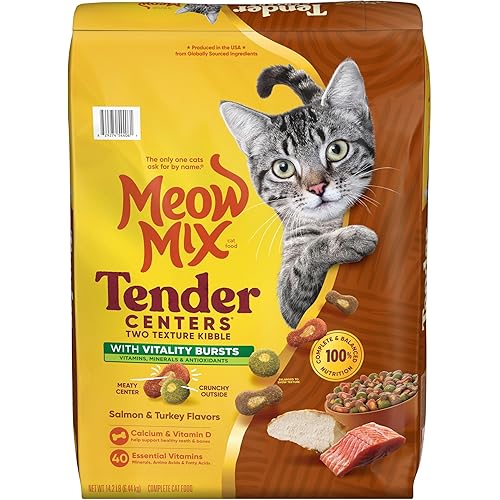Meow Mix Tender Centers Dry Cat Food, Salmon & Turkey with Vitality Bursts, 14.2 Pound Bag