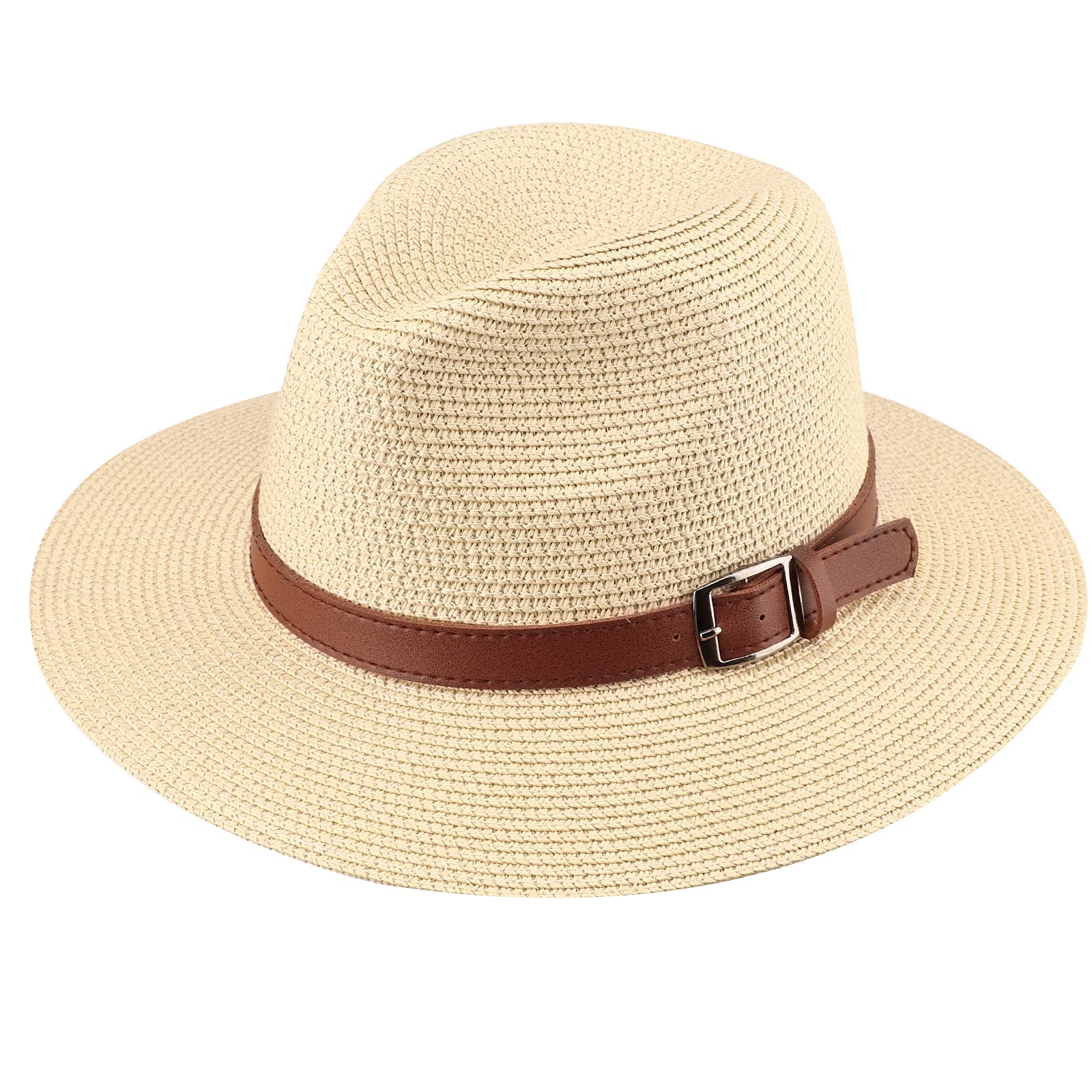 Dreshow Women's 1 Pc Buckle Belt Beige-V2 Wide Brim Straw Panama Roll Up Hat Fedora Beach Sun Hat Upf 50+