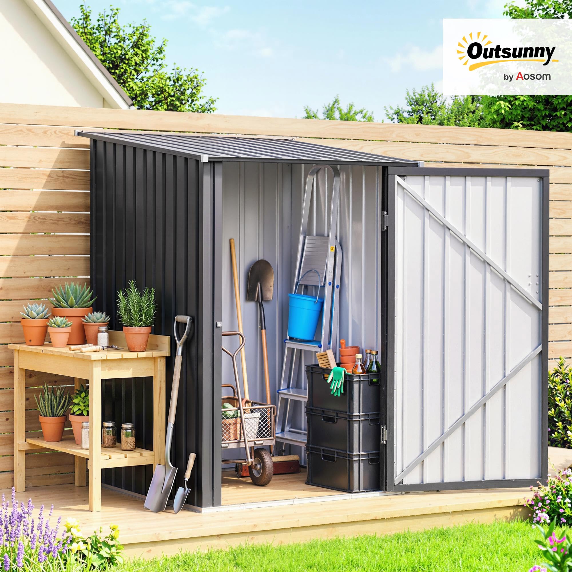 Outsunny Metall Gerätehaus 0,92 m² 100x103x160cm Geräteschuppen mit Pultdach Abschließbarer Tür Gartenhaus Outdoor Garten Schuppen Schrank für Hinterhof Außenbereich Dunkelgrau