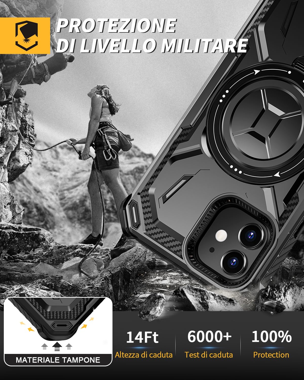 Lanhiem Cover iPhone 12/12 Pro con 2 Pezzi 9H Vetro Temperato, Supporto Magnetico ad Anello a 360°Protezione Antiurto Anticaduta di Livello Militare Armor Custodia iPhone 12 Pro / 12, Nero