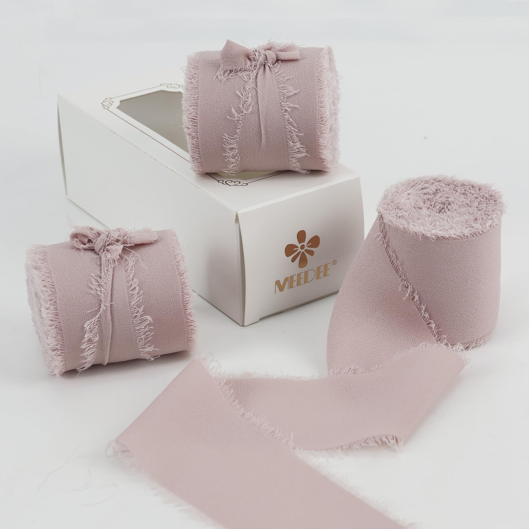 MEEDEE Pinkes Chiffonband, 5,1 cm, ausgefranstes Band, staubige Rose, Chiffon-Seidenband, dunkelrosa Band zum Basteln, Chiffonband für Geschenkverpackungen, Hochzeitseinladungen, Brautstrauß (3 Rollen