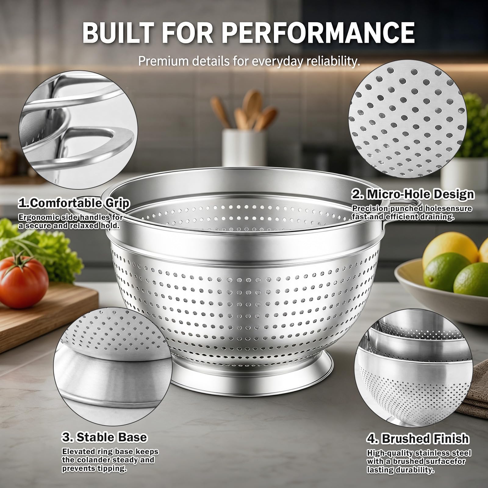 Colador, colador, colador, juego de 3 unidades con mango y base redonda, apilable, apto para lavavajillas, práctico colador de alimentos para pasta, frutas, arroz y verduras frescas (18+20+24+26)