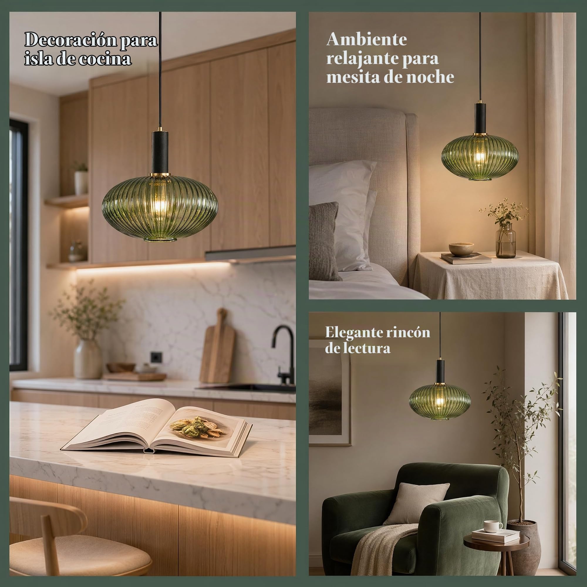 EKSED Lámpara Colgante Moderna de Vidrio Estriado con Casquillo E27, Lámpara de Techo para Isla de Cocina, Comedor y Dormitorio (Verde, 30cm)