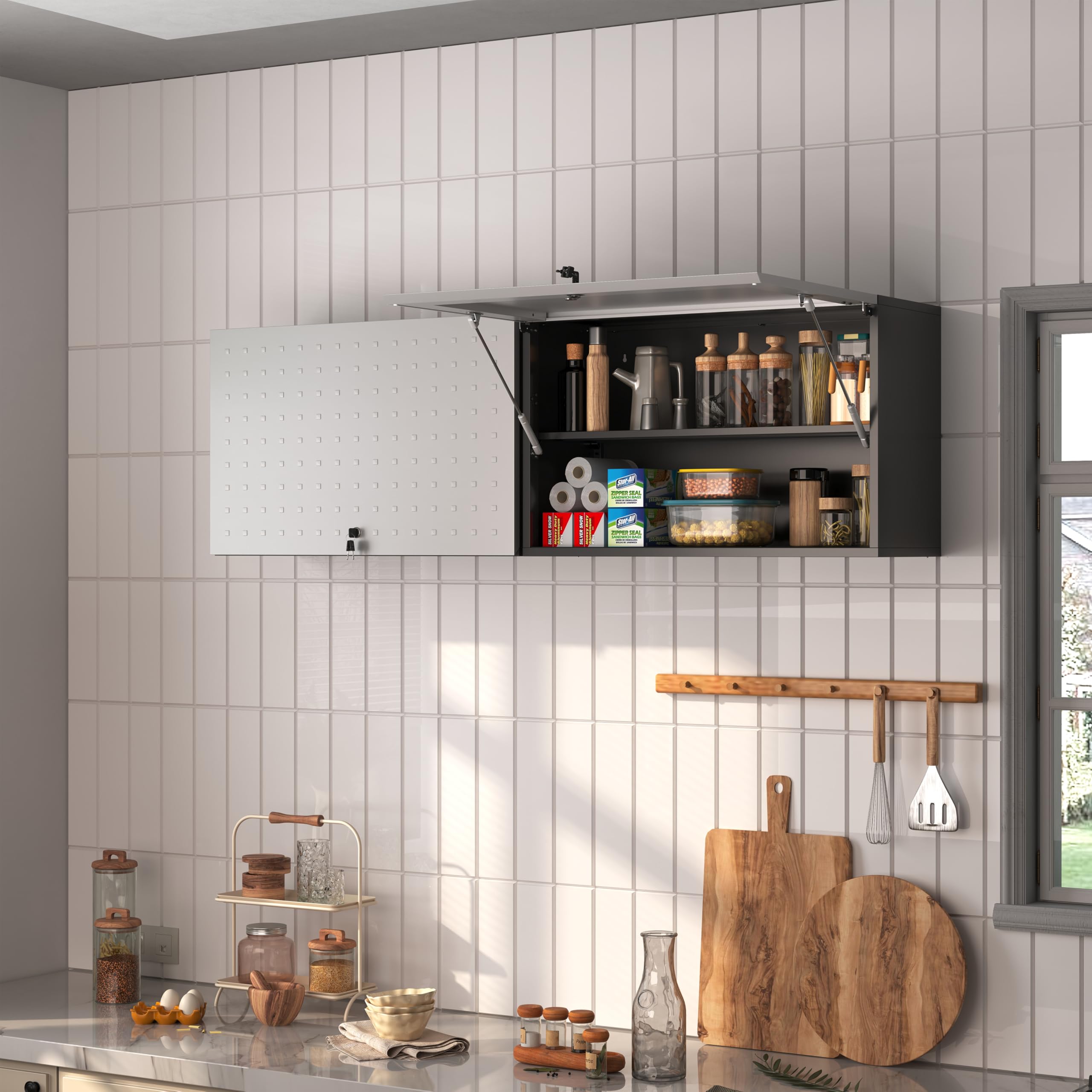 Werkzeugschrank Hängeschrank,Werkstattschrank Metall Wandschrank mit Abschließbar &Verstellbarem Regal Wandregal Stahlschrank für Garage,Werkstatt,Badezimmer,Küche 50x80x32cm(Grau)