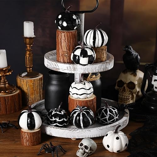 Miniatura 4 de Leinuosen 9 piezas de decoración de calabaza de Halloween para interiores, decoración de calabazas artificiales de búfalo blanco y negro, adornos de
