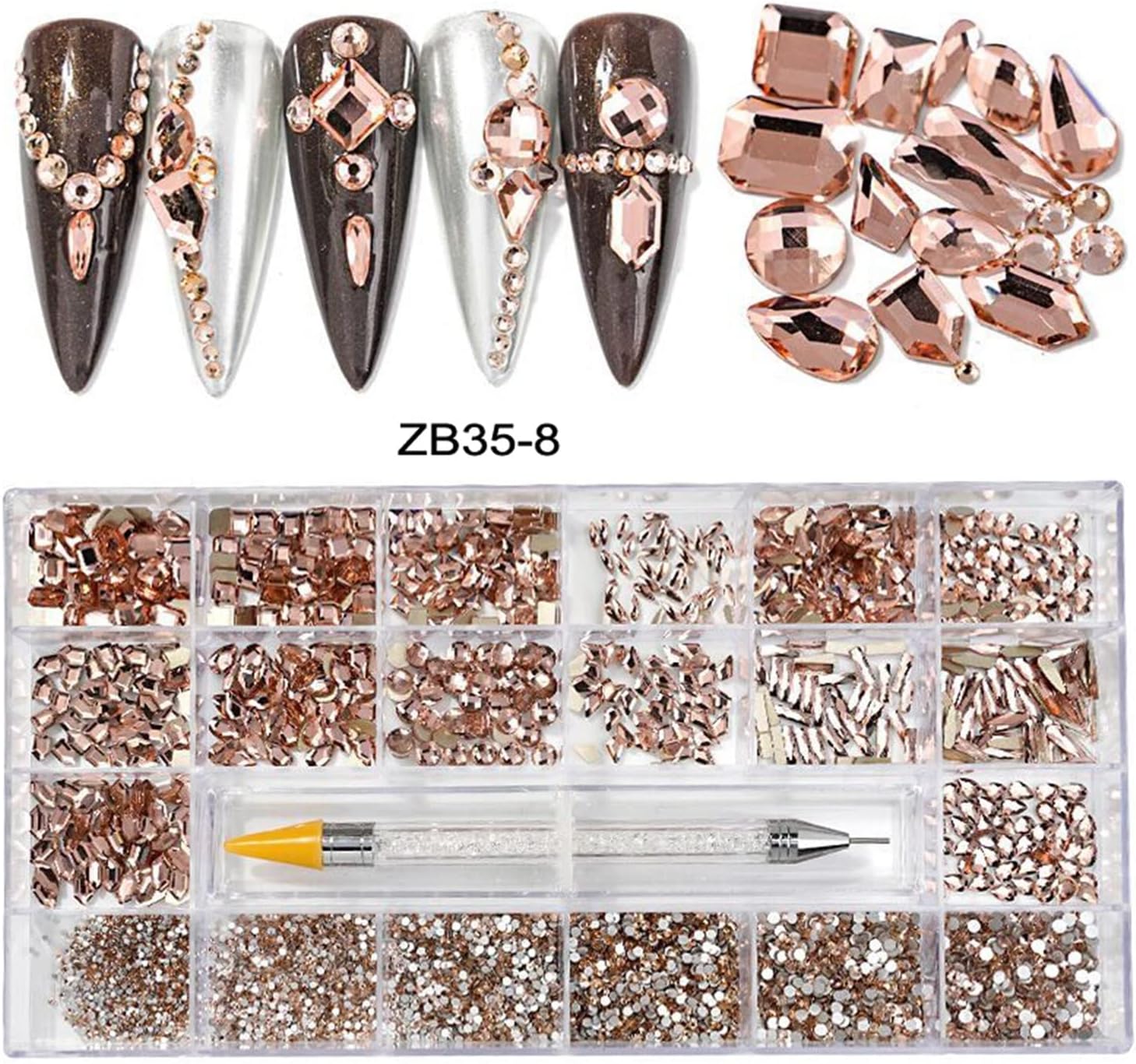 yaoqijie Non-Hotfix Flat Back Rose Gold Rhinestones&1 Pickup Pen in Storage Box 20 Shapes Light Champagne Nail Art Crystals Stones Lasting (Color : 1)