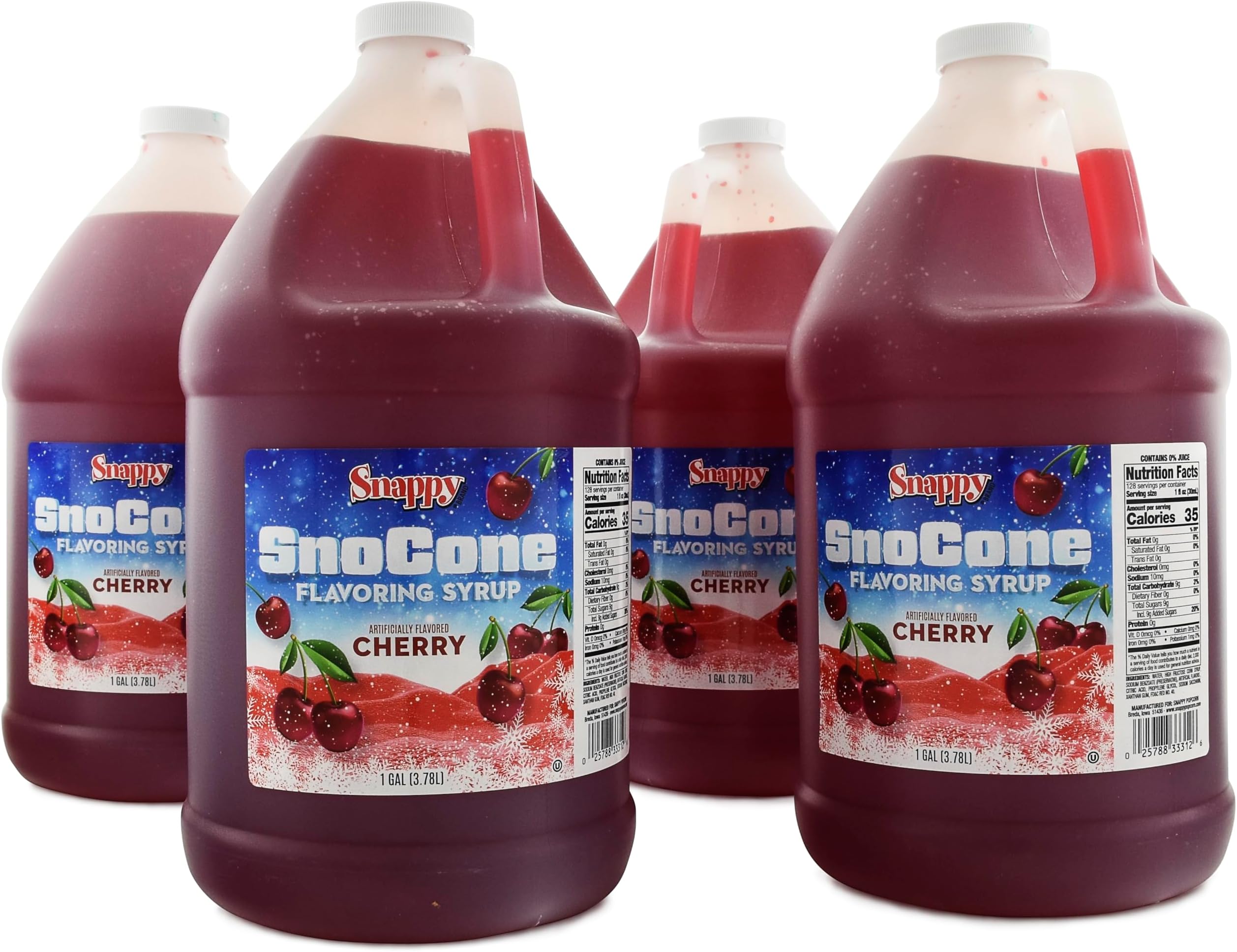 Snappy Cherry Sno Cone Syrup, 1 Gallon 4 Pack, Ready to Use for Snow Cone Machines and Shaved Ice
