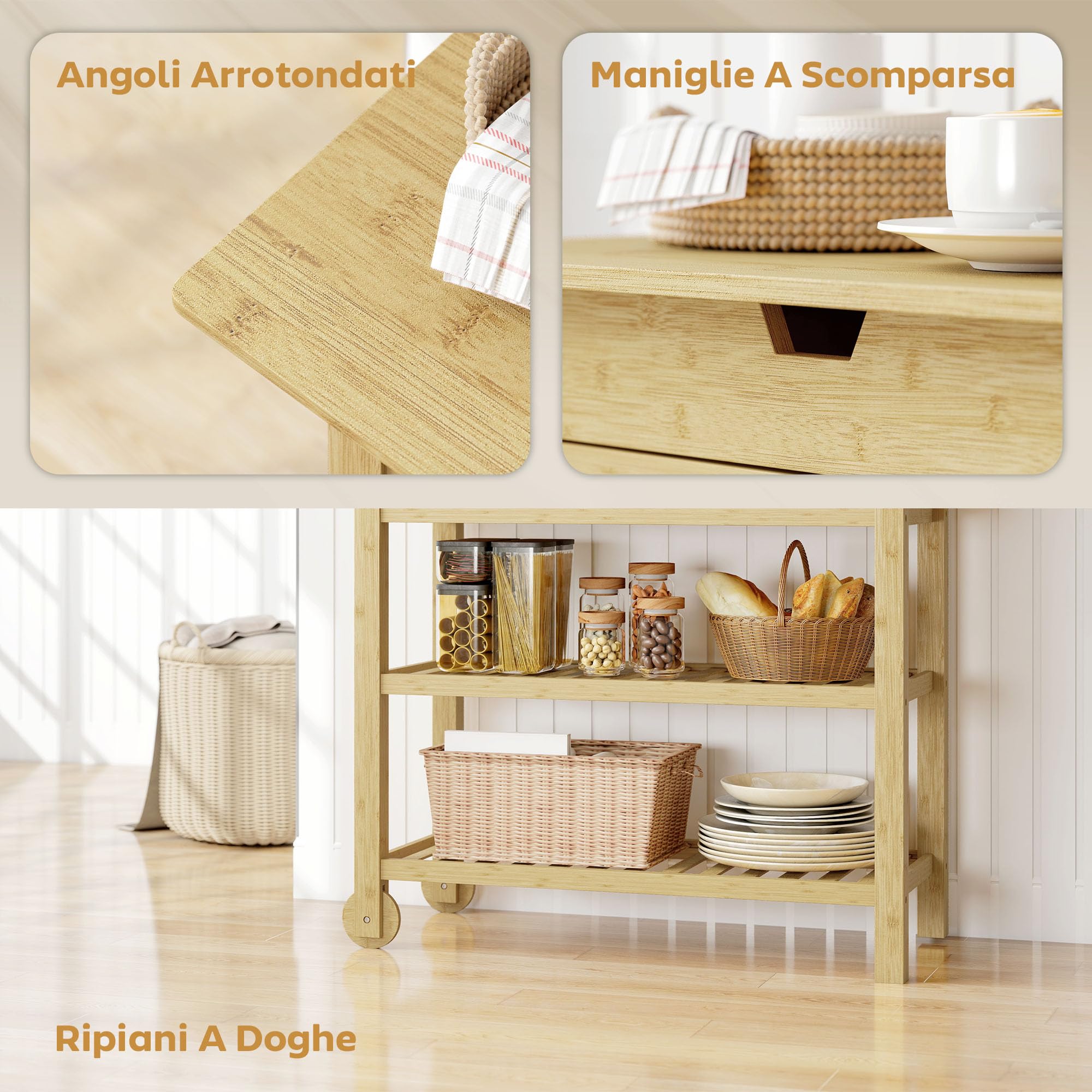 HOMCOM Carrello Cucina in Bambù con 2 Rotelle e 2 Gambe, Carrello Cucina Salvaspazio con 2 Ripiani a Doghe e 2 Cassetti, Carrellino Portaoggetti Multiuso per Soggiorno, 100x43x75 cm, Color Legno