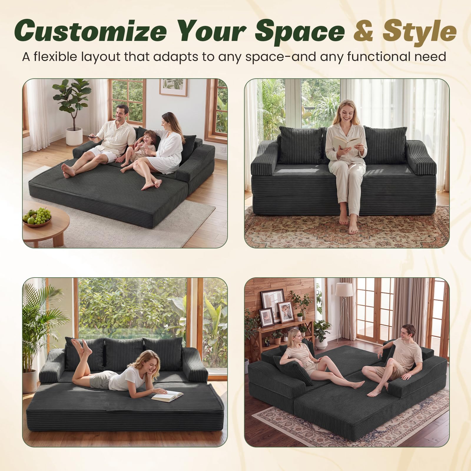 Apicizon 78.7" Folding Convertible Sofa Bed, Boneless Sleeper Sofa Couch with Pillows, 3 Seater Pull Out Futon Couches Bed, Floor Mattress Couch Loveseat for Living Room Bedroom Lounge, Dark Grey