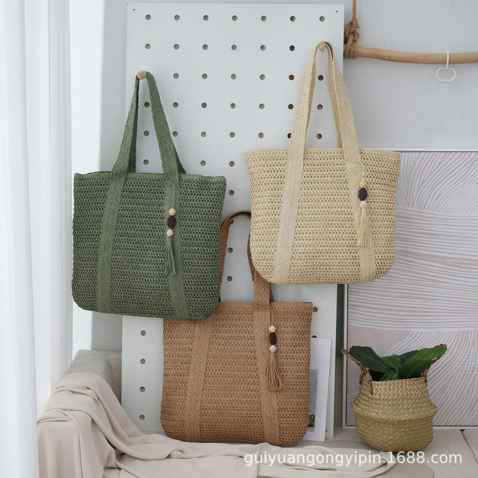 Borsa Paglia Borsa in Tessuto per Vacanza in Spiaggia - Tote di Paglia di Grande capacità Semplice Ed Elegante, Borsa A Tracolla Casual per Donne-khaki-40 * 9cm*35 Cm