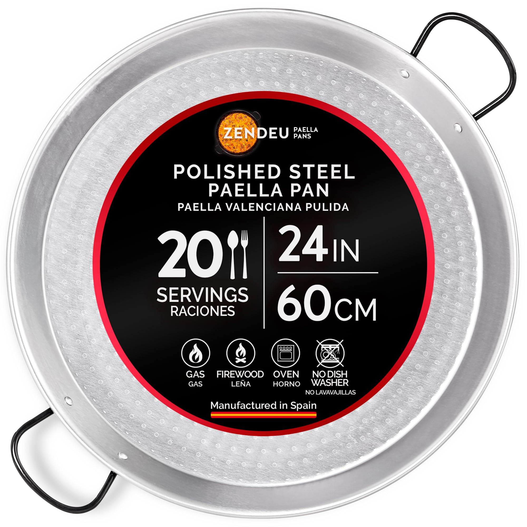 ZENDEU Paella Pan from Spain – Authentic Polished Carbon Steel Paella Pan, Large 24 inch (60 cm) | Traditional Paellera Made in Spain – Durable Polished Steel Paella Pans for 20 Servings