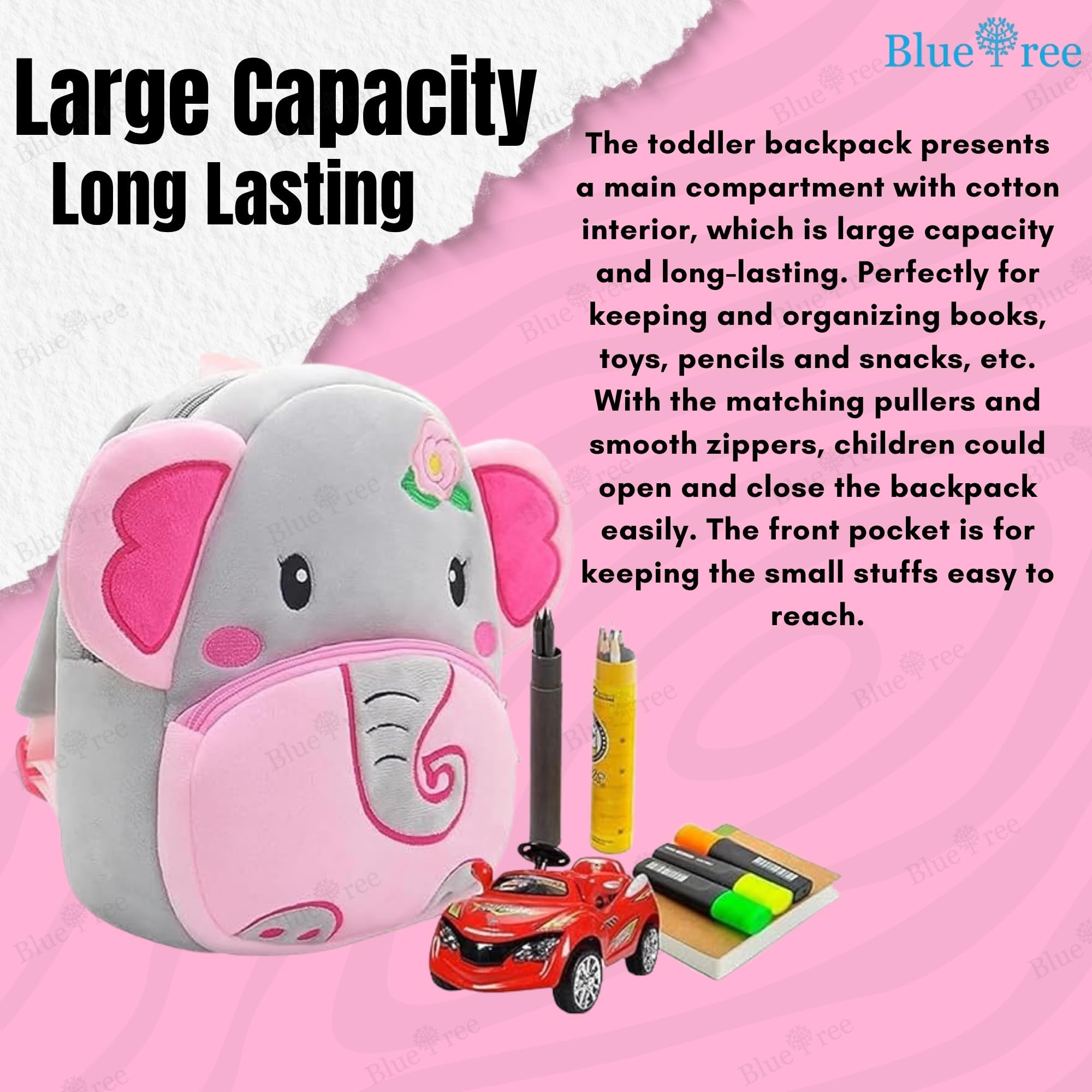 blue tree Cute Kids Backpack Toddler Bag Plush Animal Cartoon Mini Travel Bag for Baby Girl Boy 1-6 Years, Ideal for Gifting for Kids (Flower Pink Elephant) 2