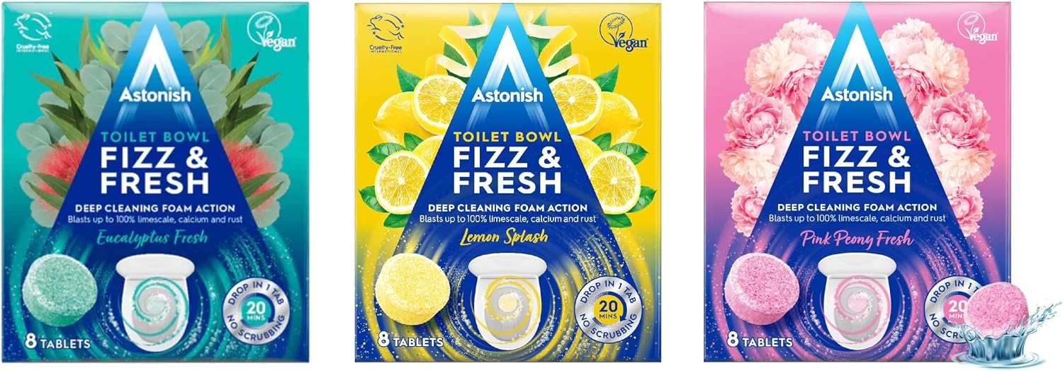 Astonish Fizz & Fresh Foaming Toilet Bowl Cleaner Tablets Bundle – Deep Cleaning Eucalyptus, Lemon Splash & Pink Peony Scents – Limescale, Calcium & Rust Remover for Hard-to-Reach Stains, 24 Tablets T
