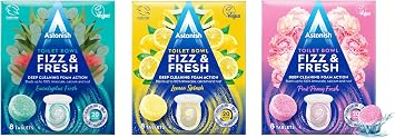 Astonish Fizz & Fresh Foaming Toilet Bowl Cleaner Tablets Bundle Deep Cleaning Eucalyptus, Lemon Splash & Pink Peony Scents Limescale, Calcium & Rust Remover for Hard-to-Reach Stains, 24 Tablets T