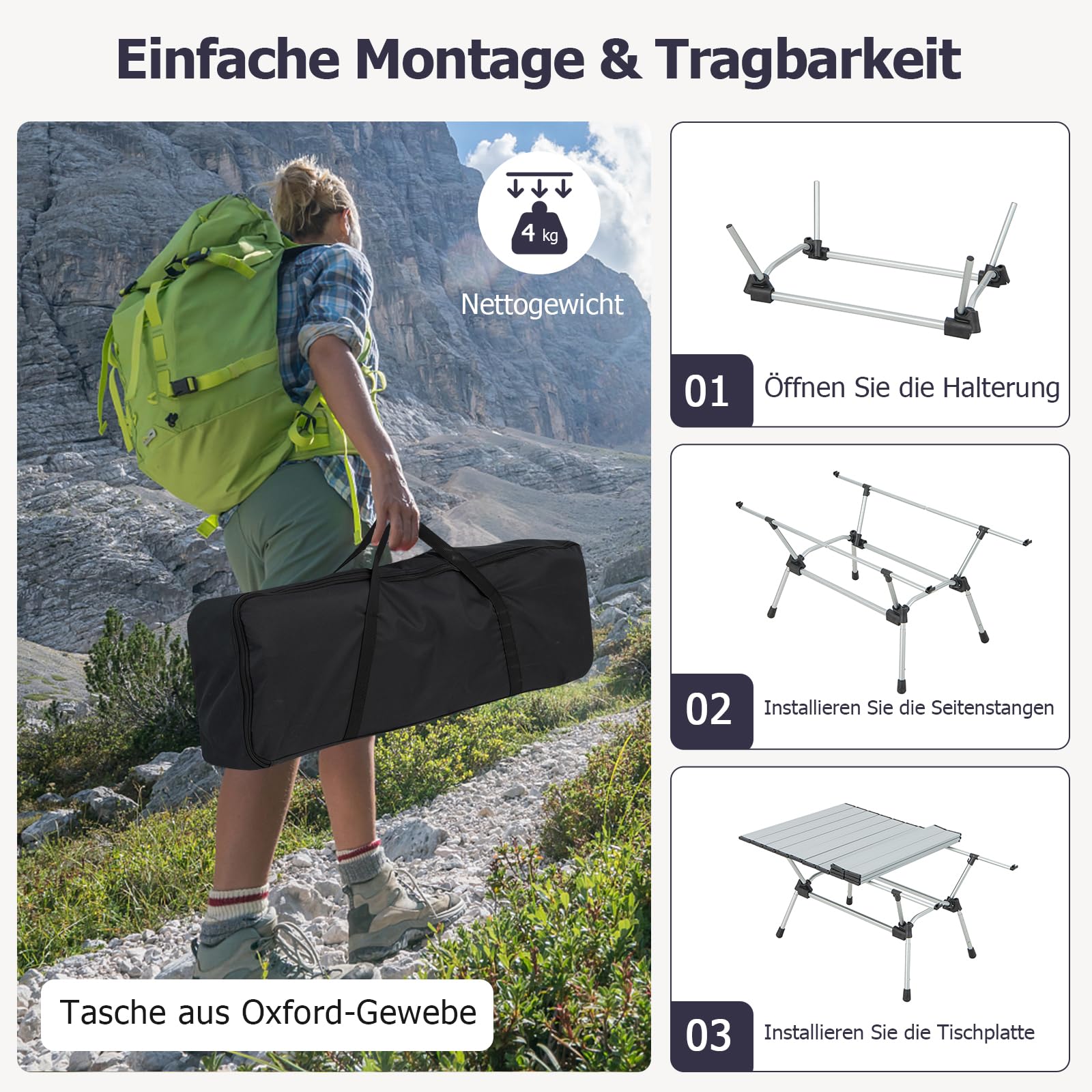 GOPLUS Oprolbare campingtafel, inklapbare picknicktafel van aluminium met draagtas, draagbare klaptafel met houtnerf voor kamperen, wandelen, picknick en reizen, 89 x 59 x 45 cm, bruin