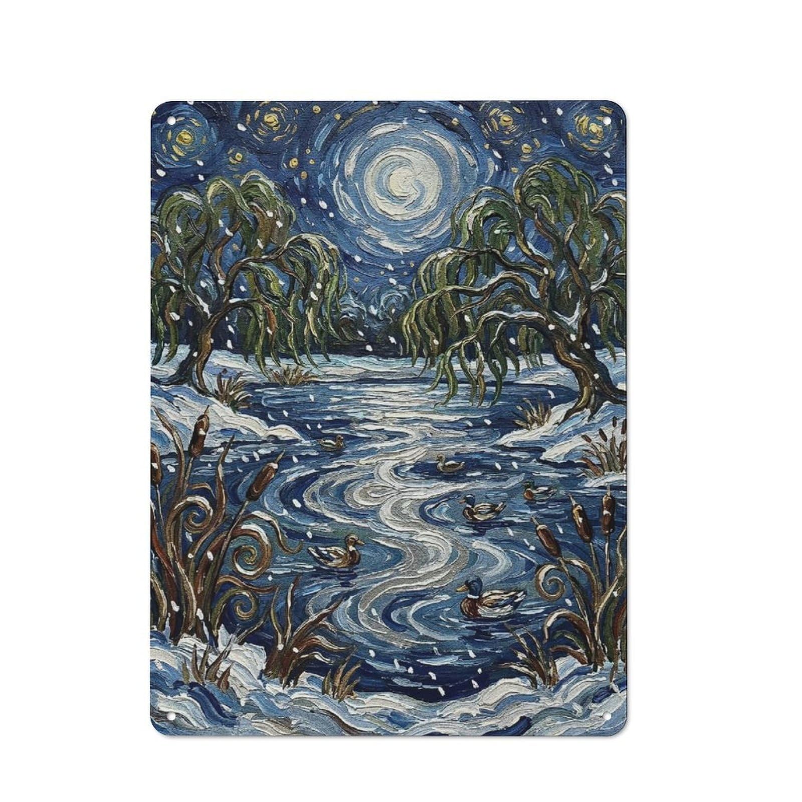 Junmoney Style-22 Winter Pond With Ducks Painting Warehouse Style Metal Wall Decor 40X30cm, Metal Wall Sign For Workspace, Cafe, Hallway Or Garage