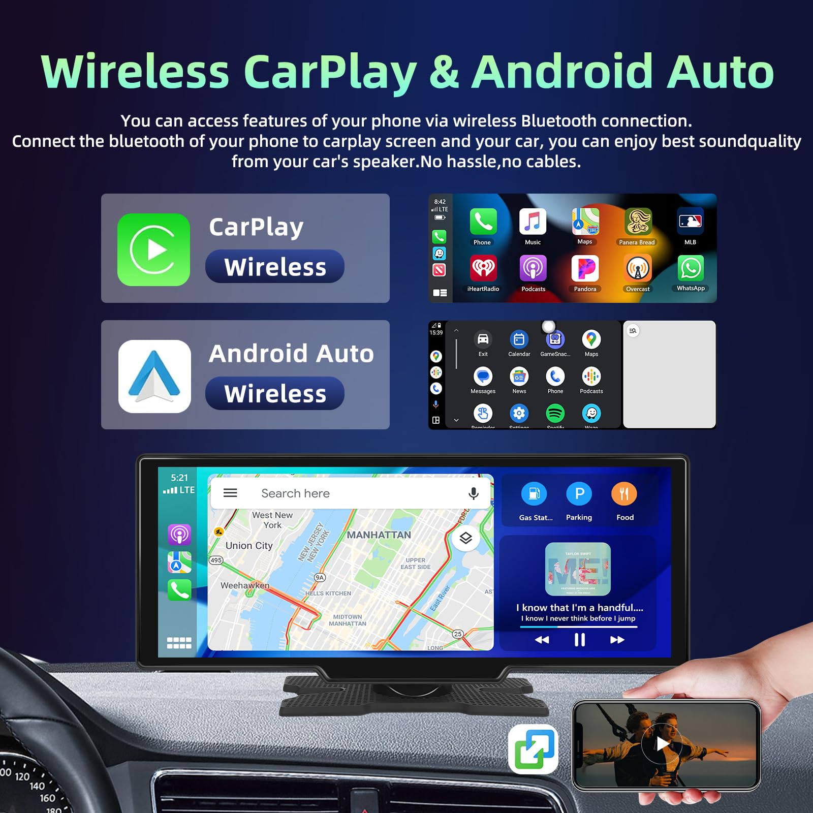 Écran CarPlay Voiture sans Fil Android Auto, Écran Tactile de 10,26 Pouces Voiture Stéréo, Autoradio Portable avec Navigation GPS Bluetooth Contrôle Vocal Mirror Link AUX/FM CarPlay Voiture