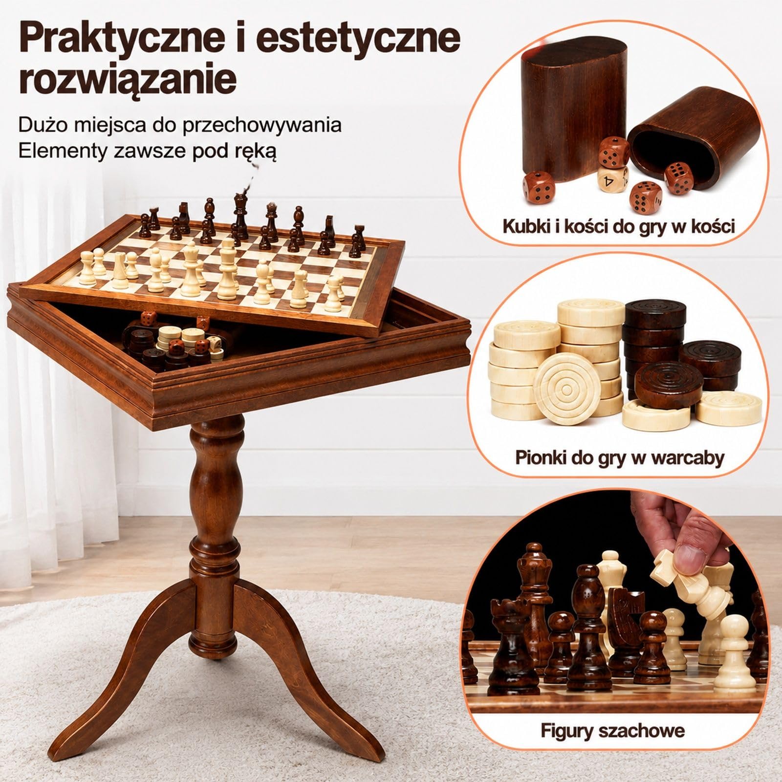 Drewniany zestaw szachowy z szachownicą i figurami, rama z drewna sapele, konstrukcja z miejscem do przechowywania na rodzinne gry, imprezy i podróże