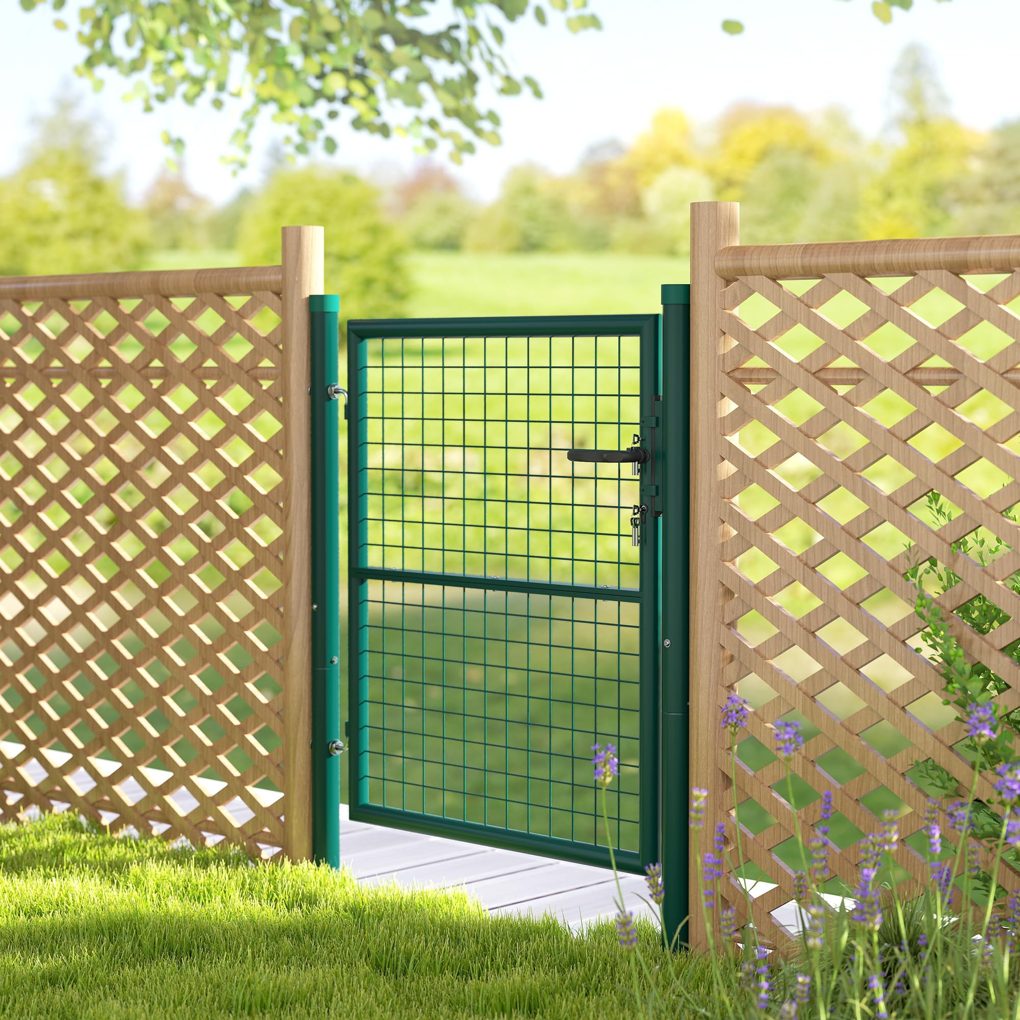 Outsunny Portillon de jardin en acier 97 x 150 cm portail de jardin avec serrure, clés et poignée, décoration en flèche, portillon de patio extérieur, vert