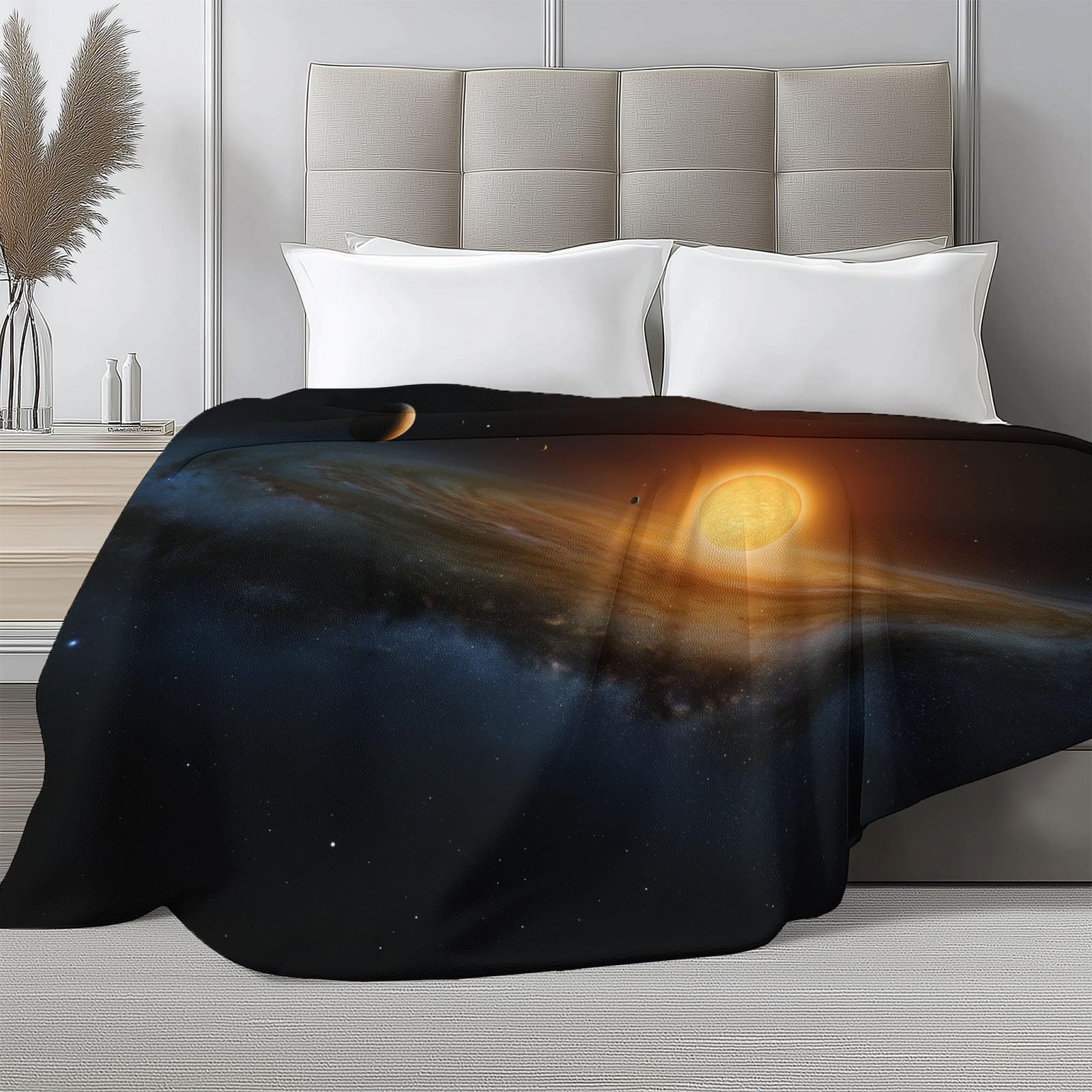 Ciepły flanelowy koc typu sherpa fantasy galaktyka i gwiazdy, 221 x 239 cm, miękki, przytulny, ciemnobrązowy, pluszowa, flanelowa, polarowa, 220 x 240 cm, dla dziewcząt, dzieci, dorosłych, na kanapę