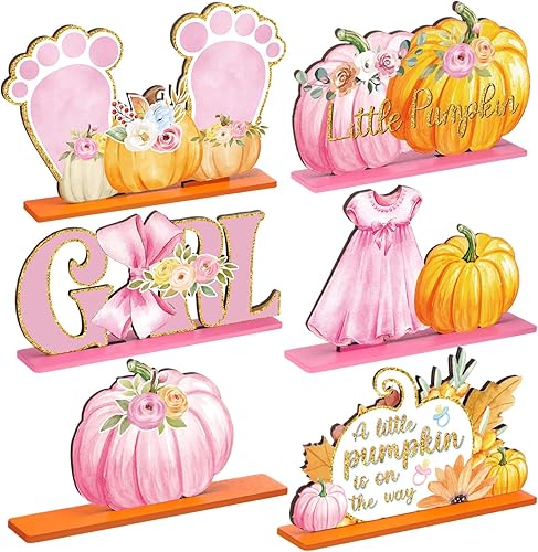 6 piezas de decoración de otoño para baby shower de calabaza para niñas, decoración de mesa de otoño de madera para baby shower, centros de mesa de